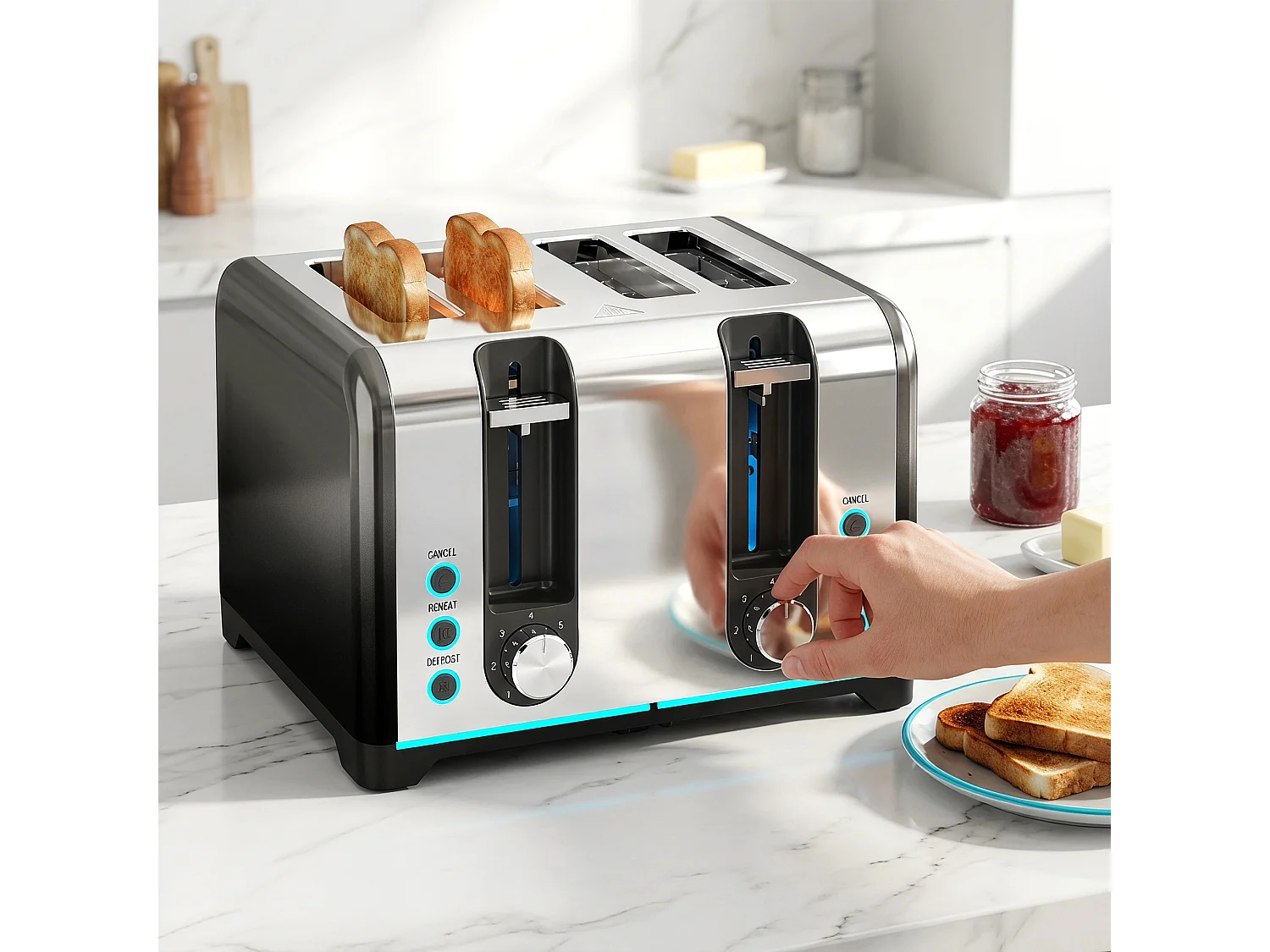 HOMCOM 4 Slice Toaster with 7 Browning Levels, Reheat, Defrost and Cancel