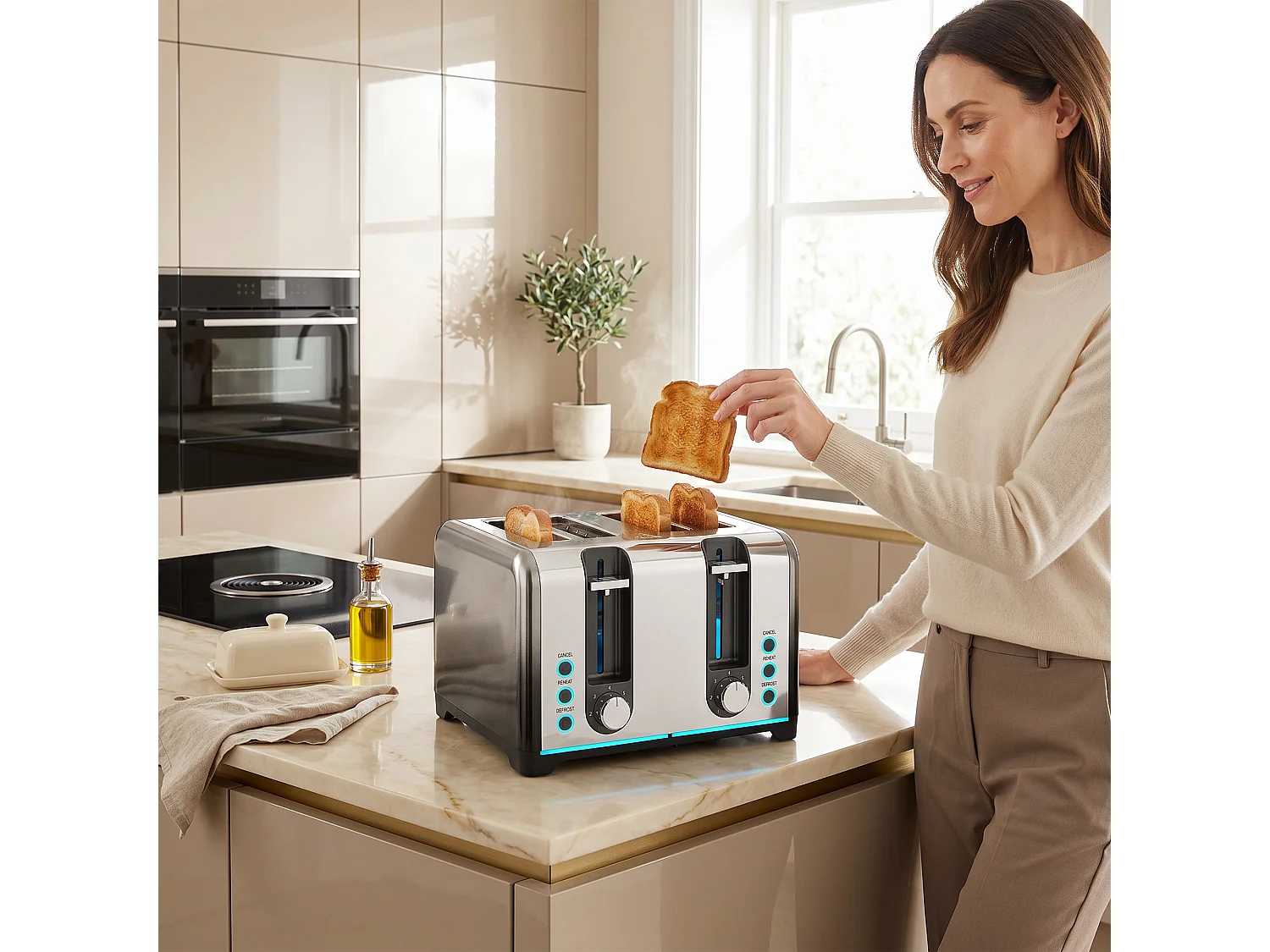 HOMCOM 4 Slice Toaster with 7 Browning Levels, Reheat, Defrost and Cancel