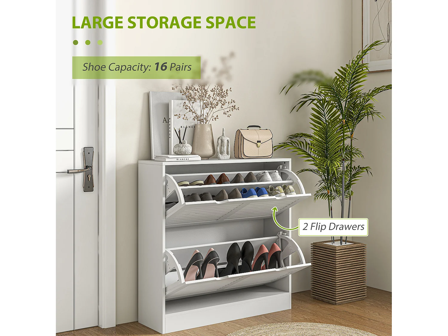 HOMCOM Slim Shoe Storage Cabinet with 2 Flip Drawers for Entryway, White