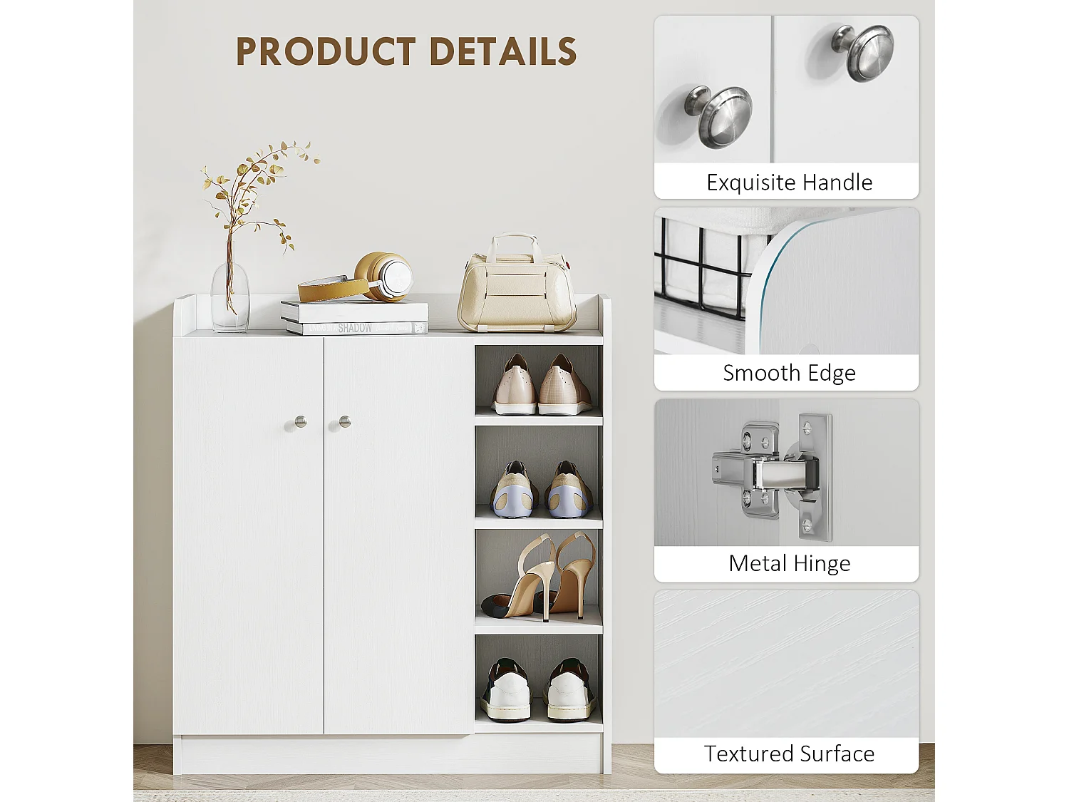 HOMCOM Shoe Storage Cabinet Footwear Rack Stand w/Adjustable Shelves White