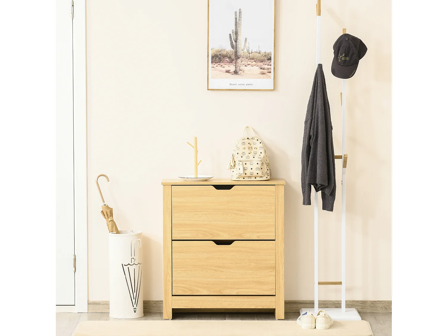 HOMCOM 12-Shoe Storage Cabinet 4 Shelves 2 Drawers Tabletop 4 Legs Modern Brown