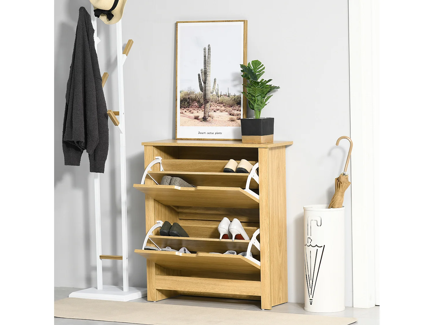 HOMCOM 12-Shoe Storage Cabinet 4 Shelves 2 Drawers Tabletop 4 Legs Modern Brown