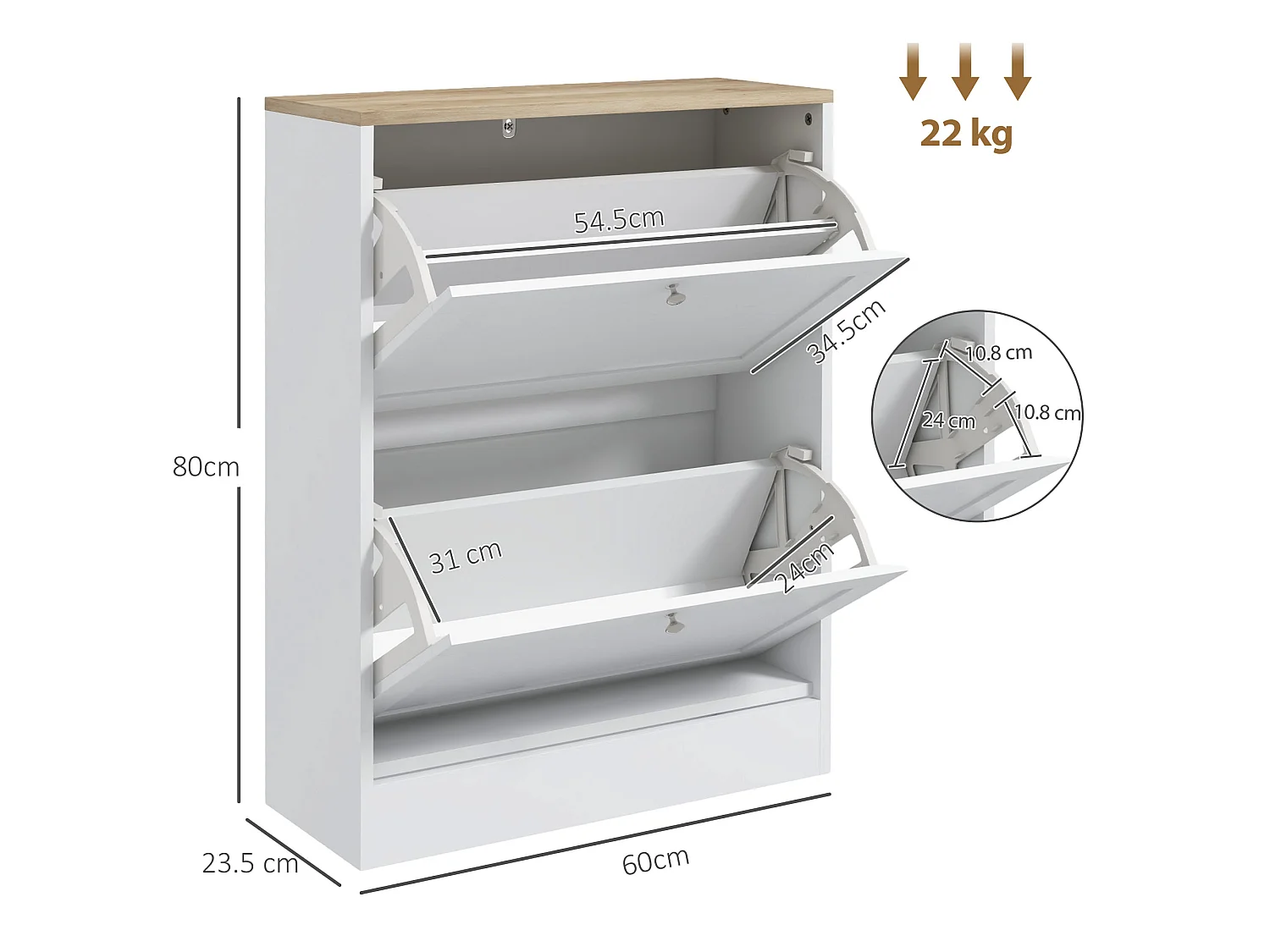 HOMCOM 2 Flip Drawer Narrow Shoe Cabinet with Adjustable Shelves, White