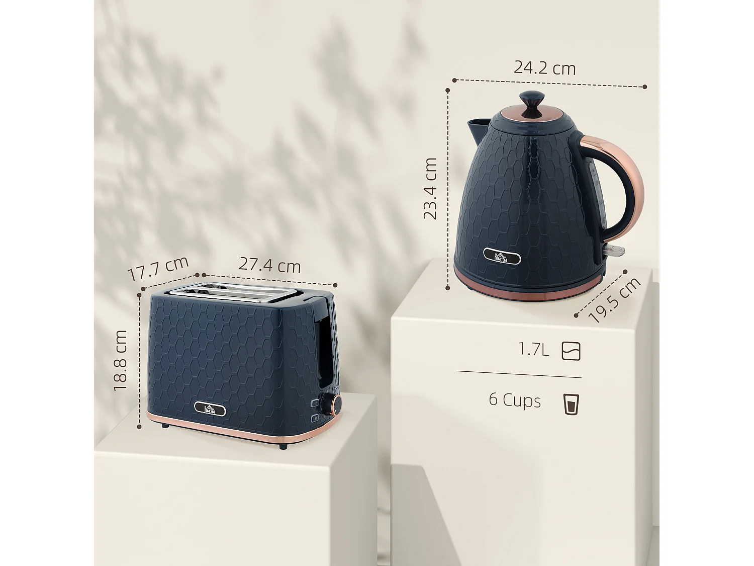HOMCOM Kettle and Toaster Set 1.7L Fast Boil Kettle & 2 Slice Toaster Set Blue