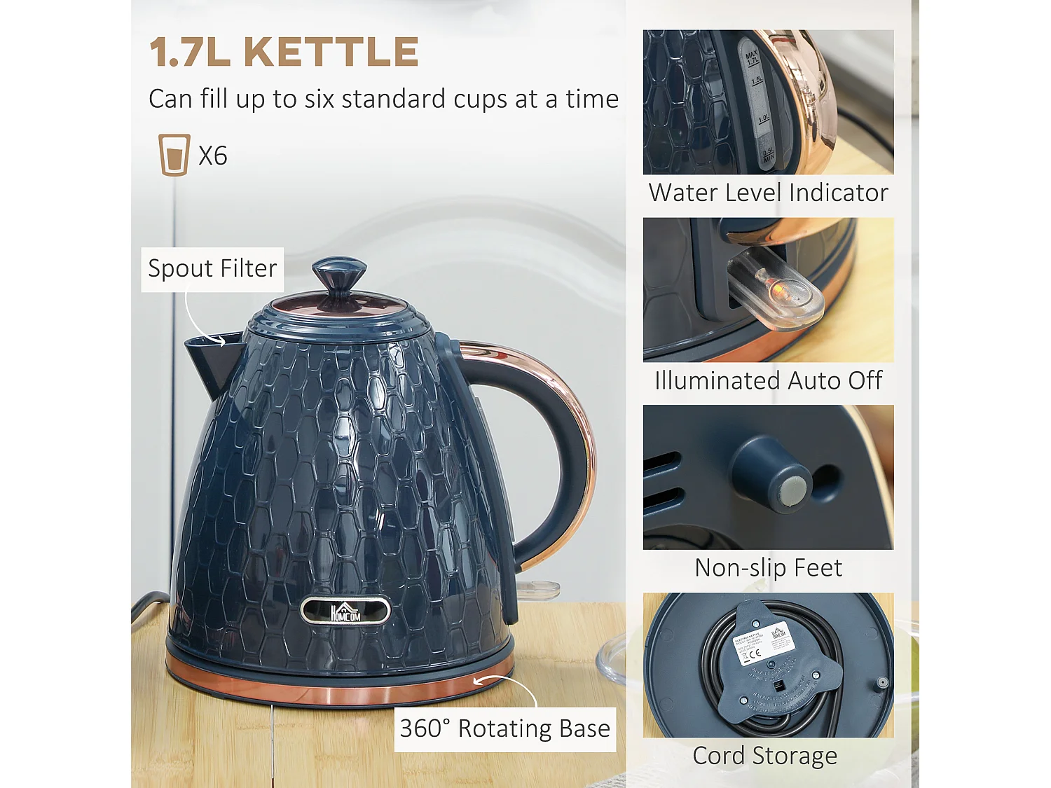 HOMCOM Kettle and Toaster Set 1.7L Fast Boil Kettle & 2 Slice Toaster Set Blue