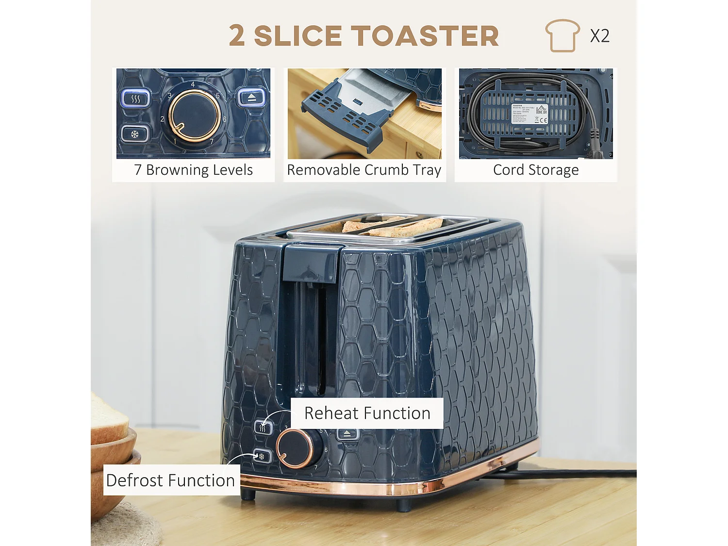 HOMCOM Kettle and Toaster Set 1.7L Fast Boil Kettle & 2 Slice Toaster Set Blue