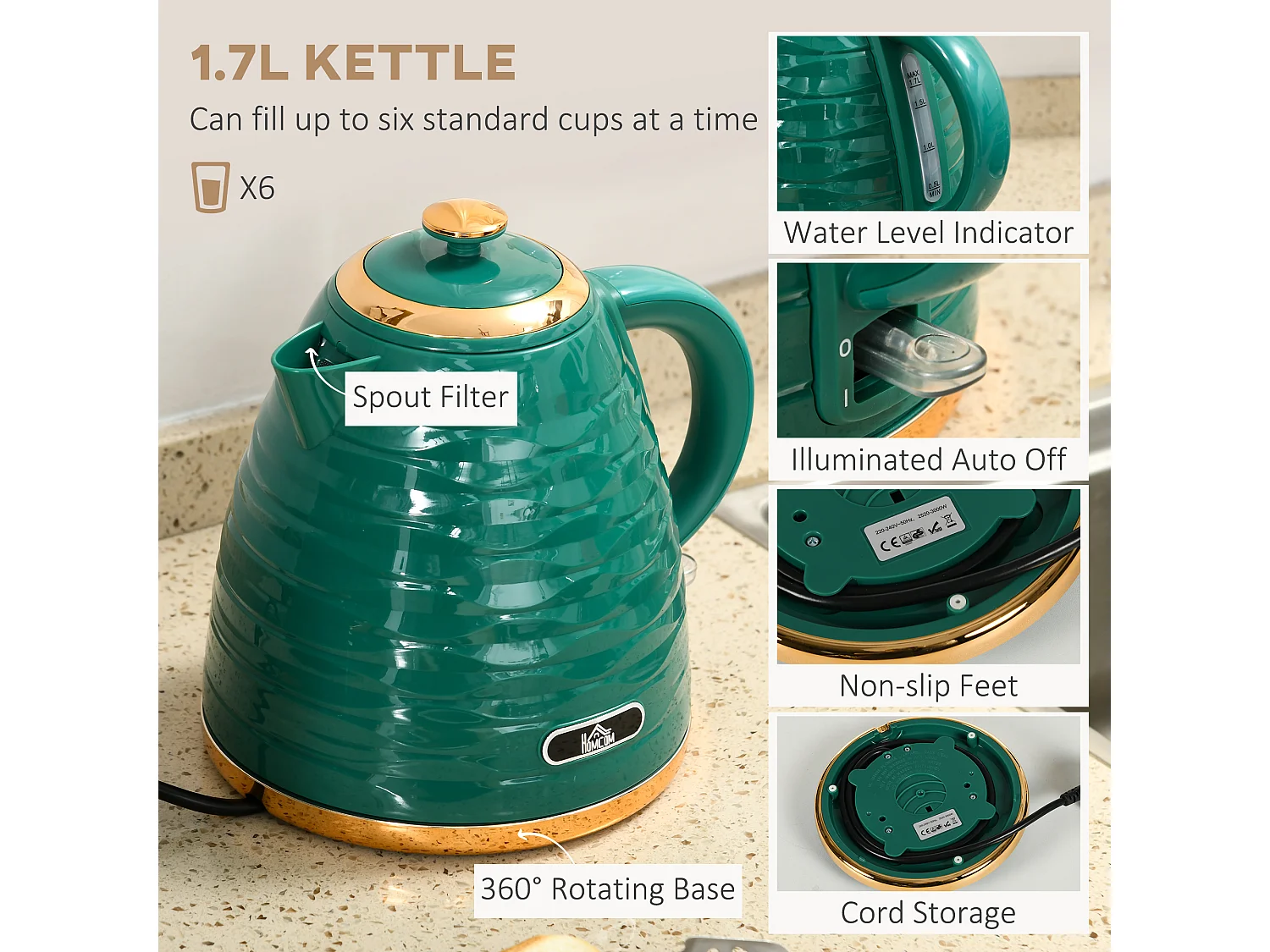 HOMCOM Kettle and Toaster Set 1.7L Rapid Boil Kettle & 4 Slice Toaster Green