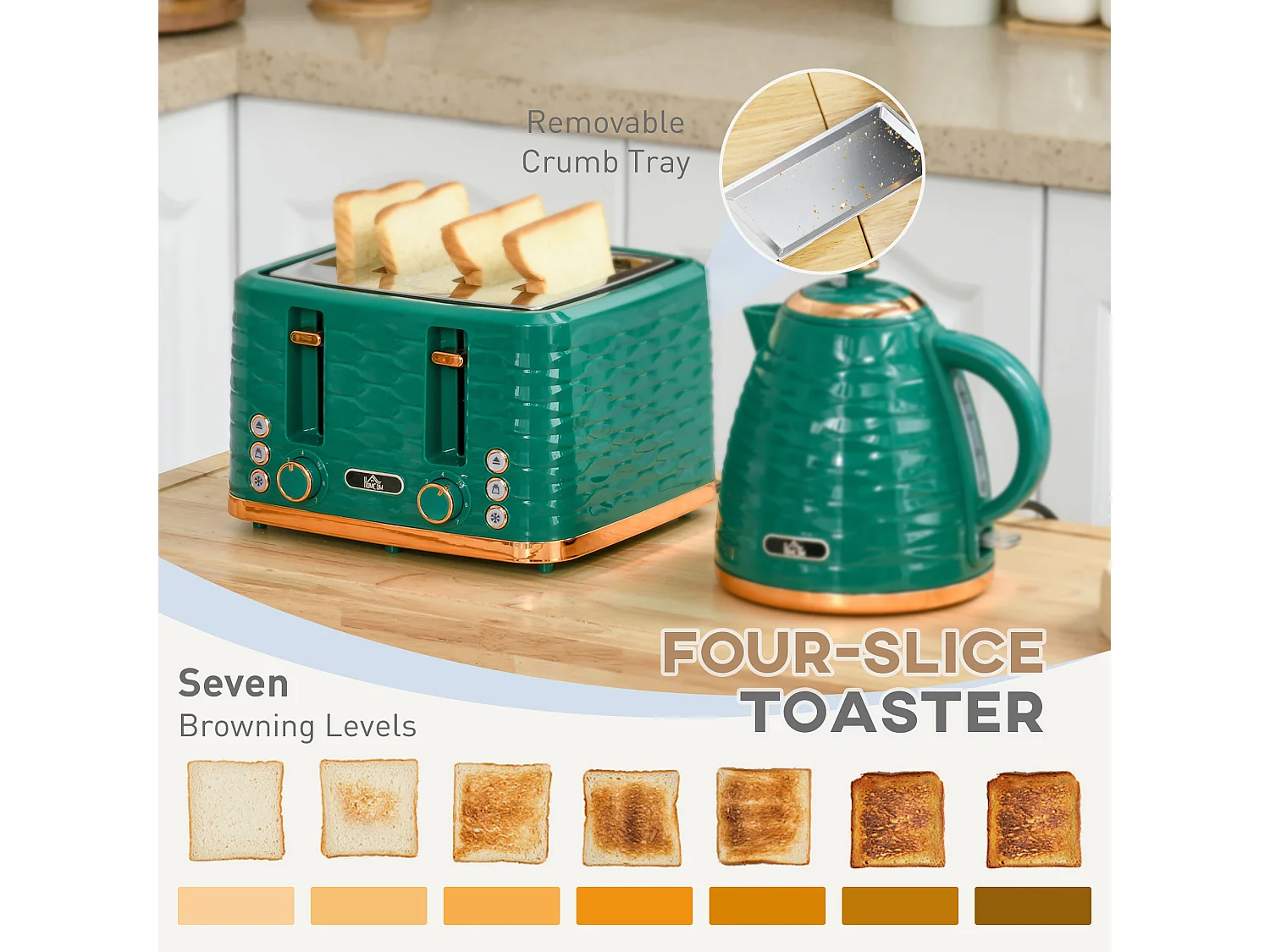 HOMCOM Kettle and Toaster Set 1.7L Rapid Boil Kettle & 4 Slice Toaster Green