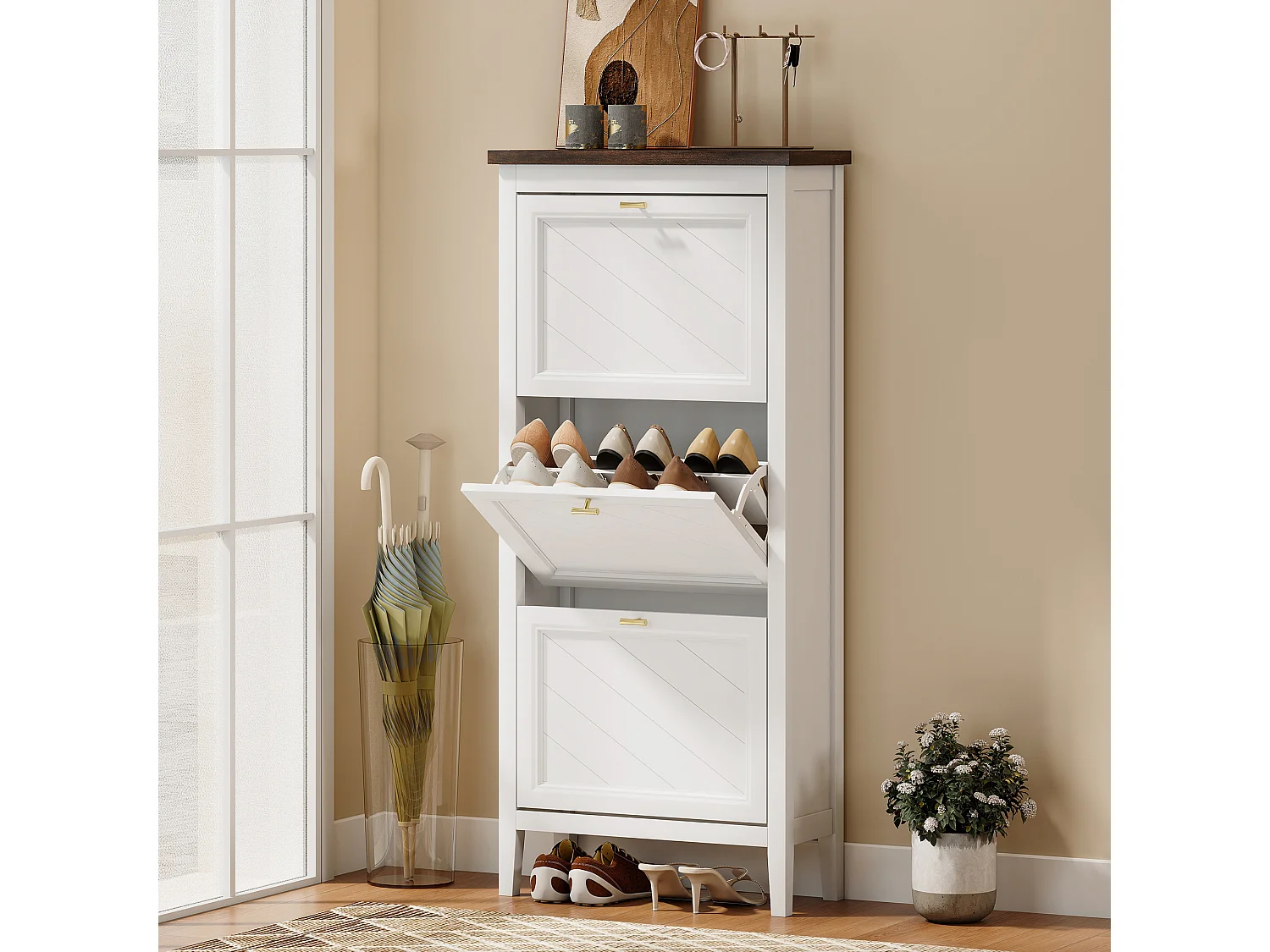 HOMCOM Shoe Cabinet with 3 Flip Drawers, Narrow Shoe Storage Cabinet, White
