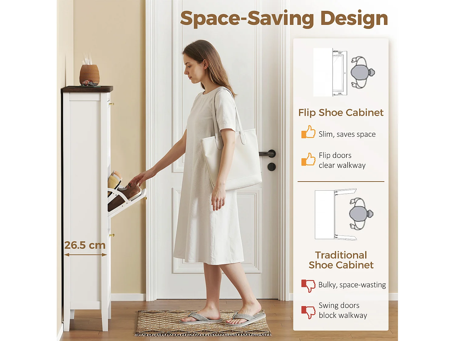 HOMCOM Shoe Cabinet with 3 Flip Drawers, Narrow Shoe Storage Cabinet, White