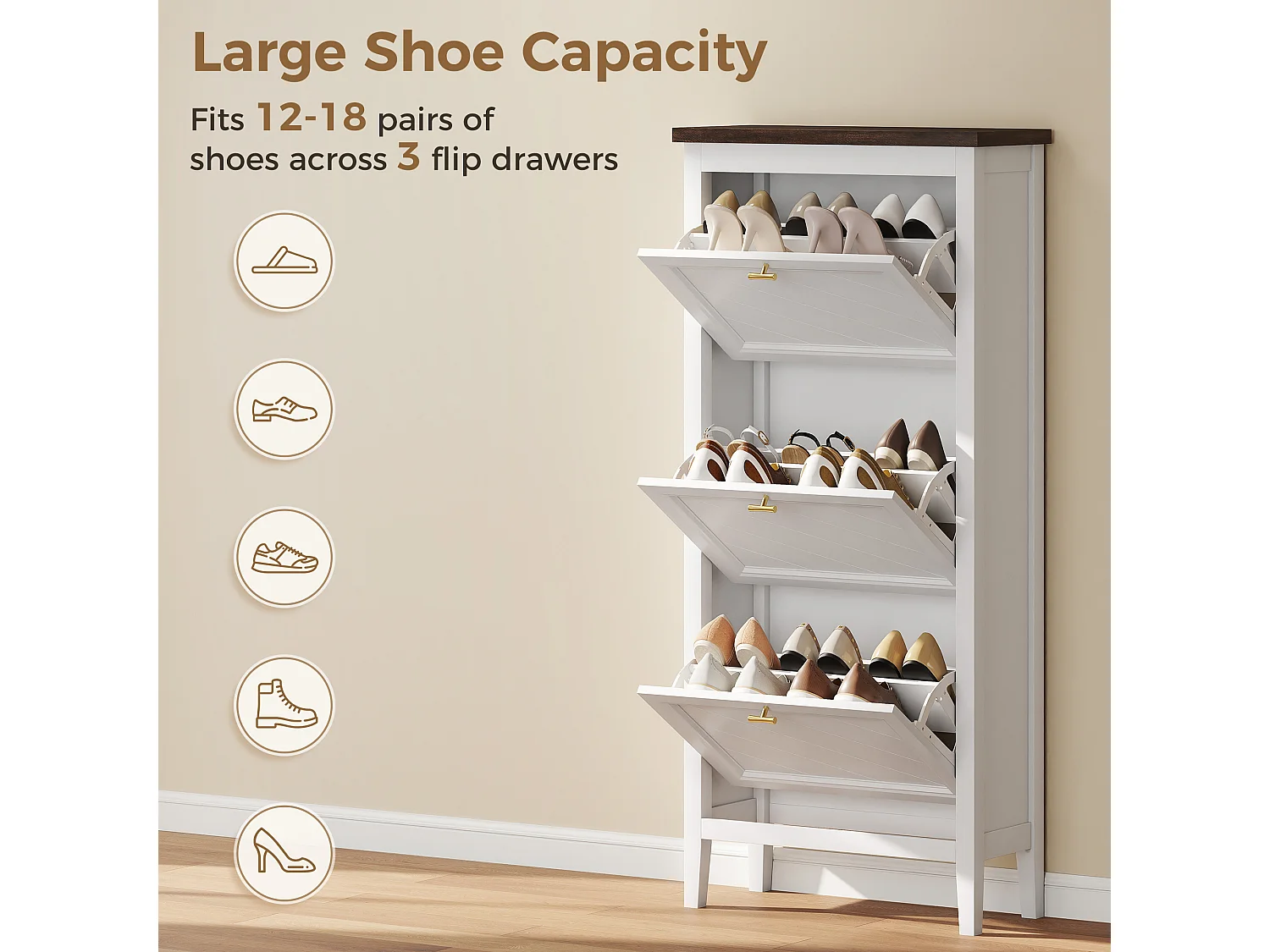 HOMCOM Shoe Cabinet with 3 Flip Drawers, Narrow Shoe Storage Cabinet, White