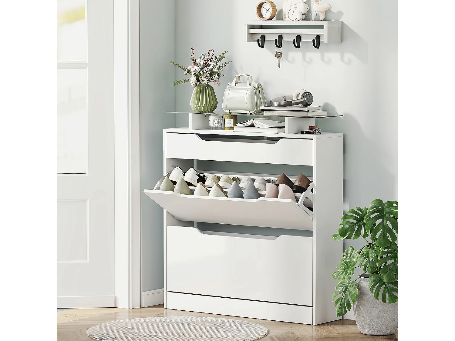 HOMCOM Shoe Cabinet with 3 Drawers, High Gloss Front Panels, Glass Top White
