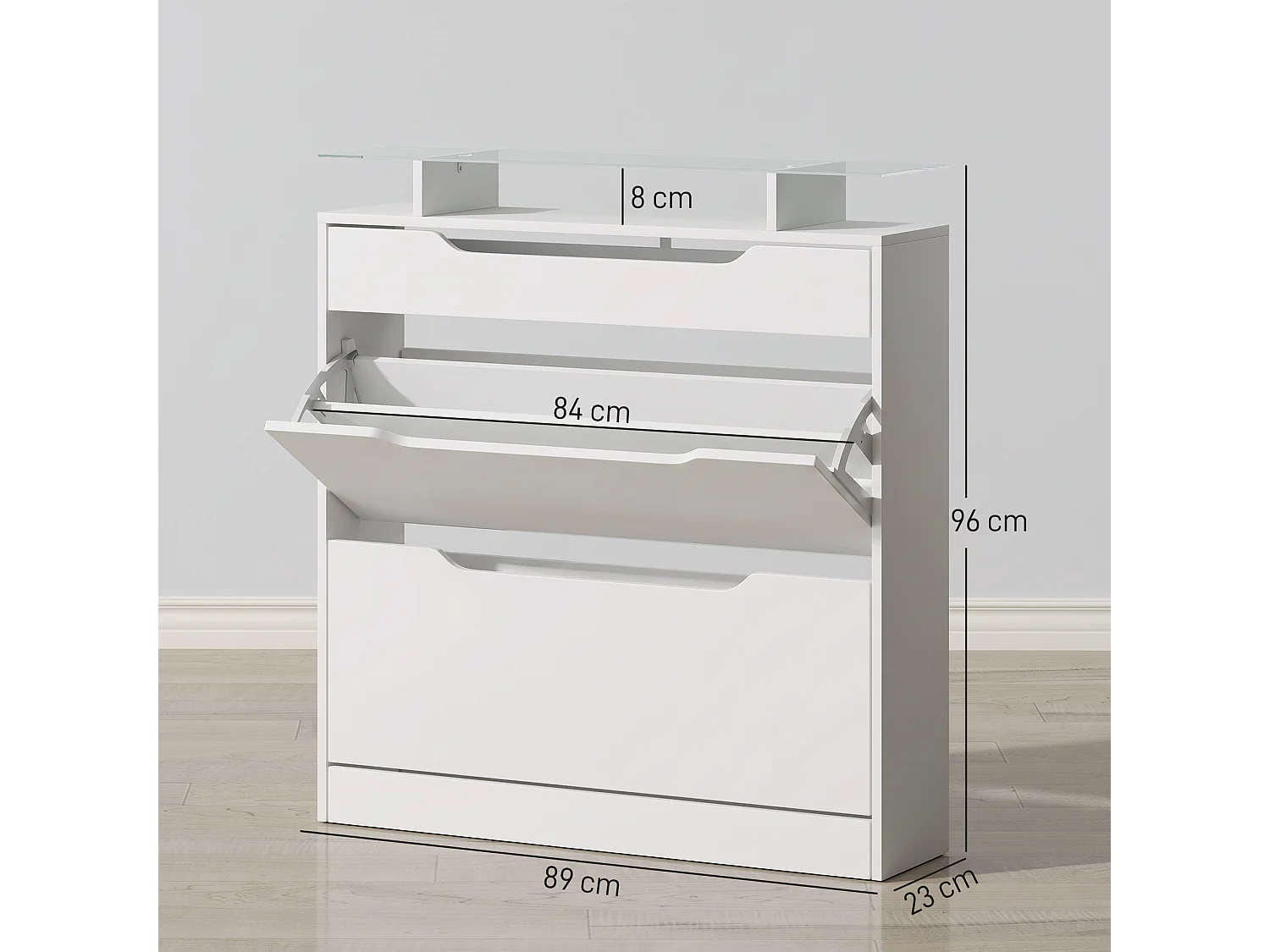 HOMCOM Shoe Cabinet with 3 Drawers, High Gloss Front Panels, Glass Top White