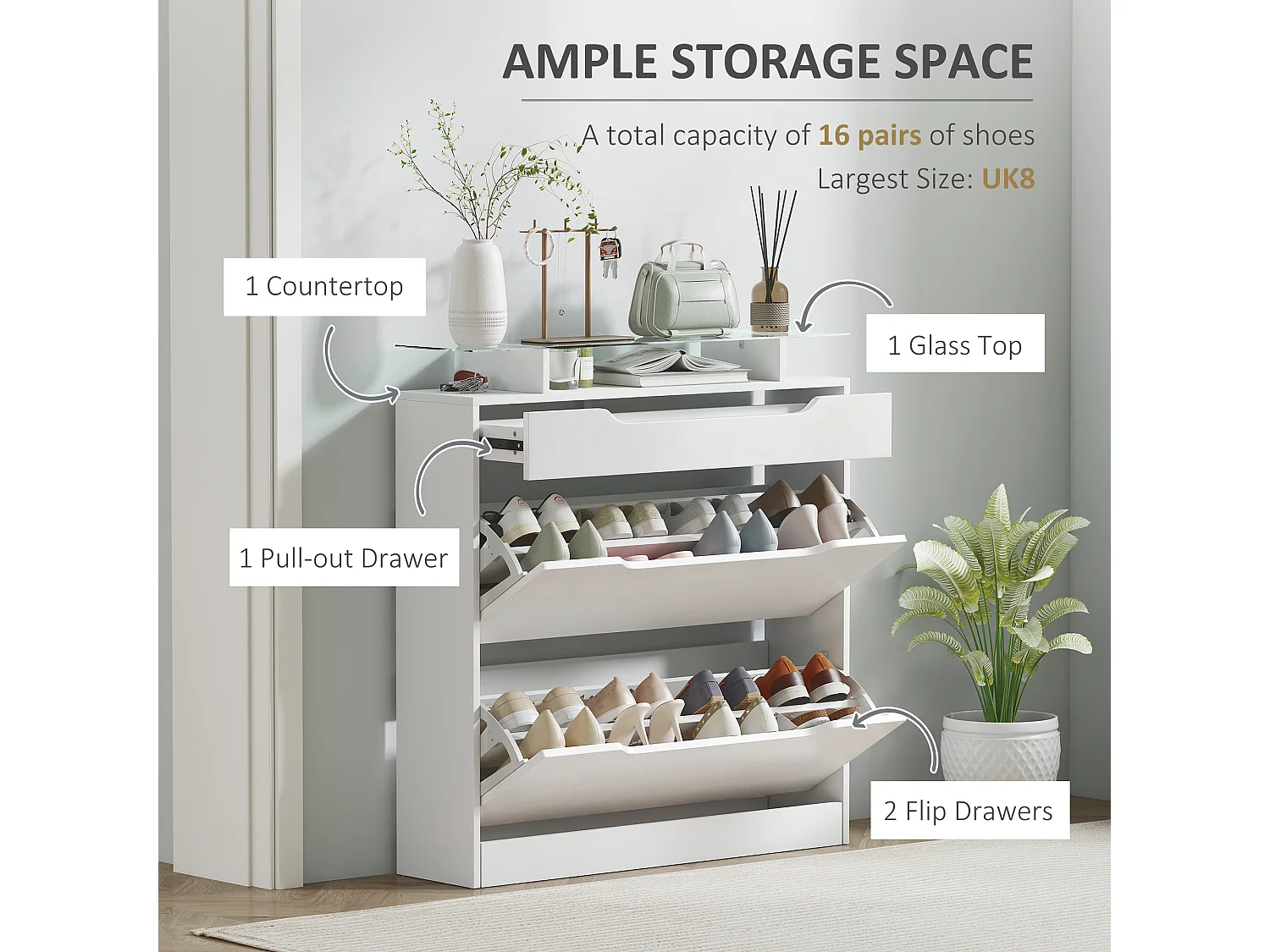 HOMCOM Shoe Cabinet with 3 Drawers, High Gloss Front Panels, Glass Top White