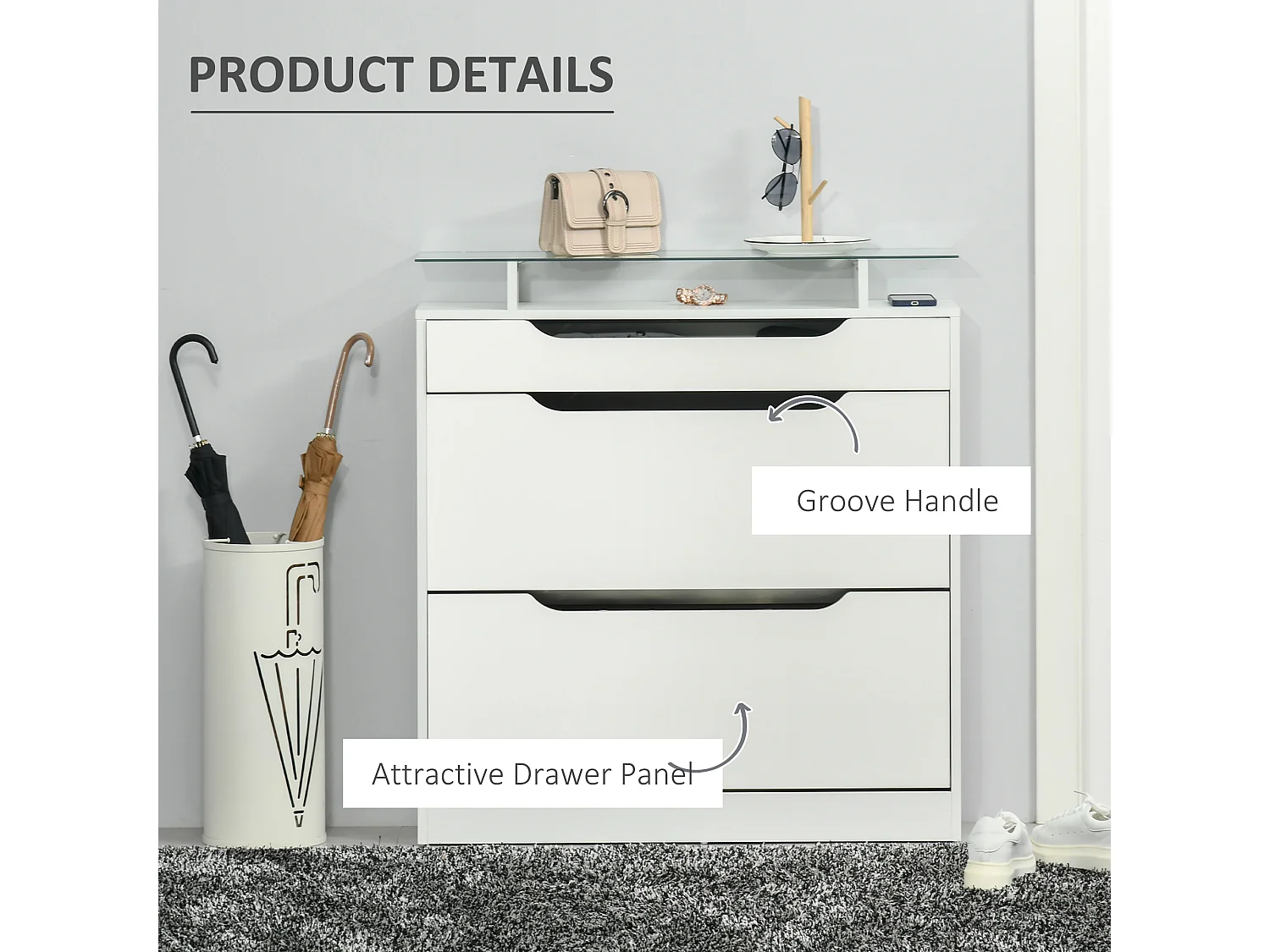 HOMCOM Shoe Cabinet with 3 Drawers, High Gloss Front Panels, Glass Top White