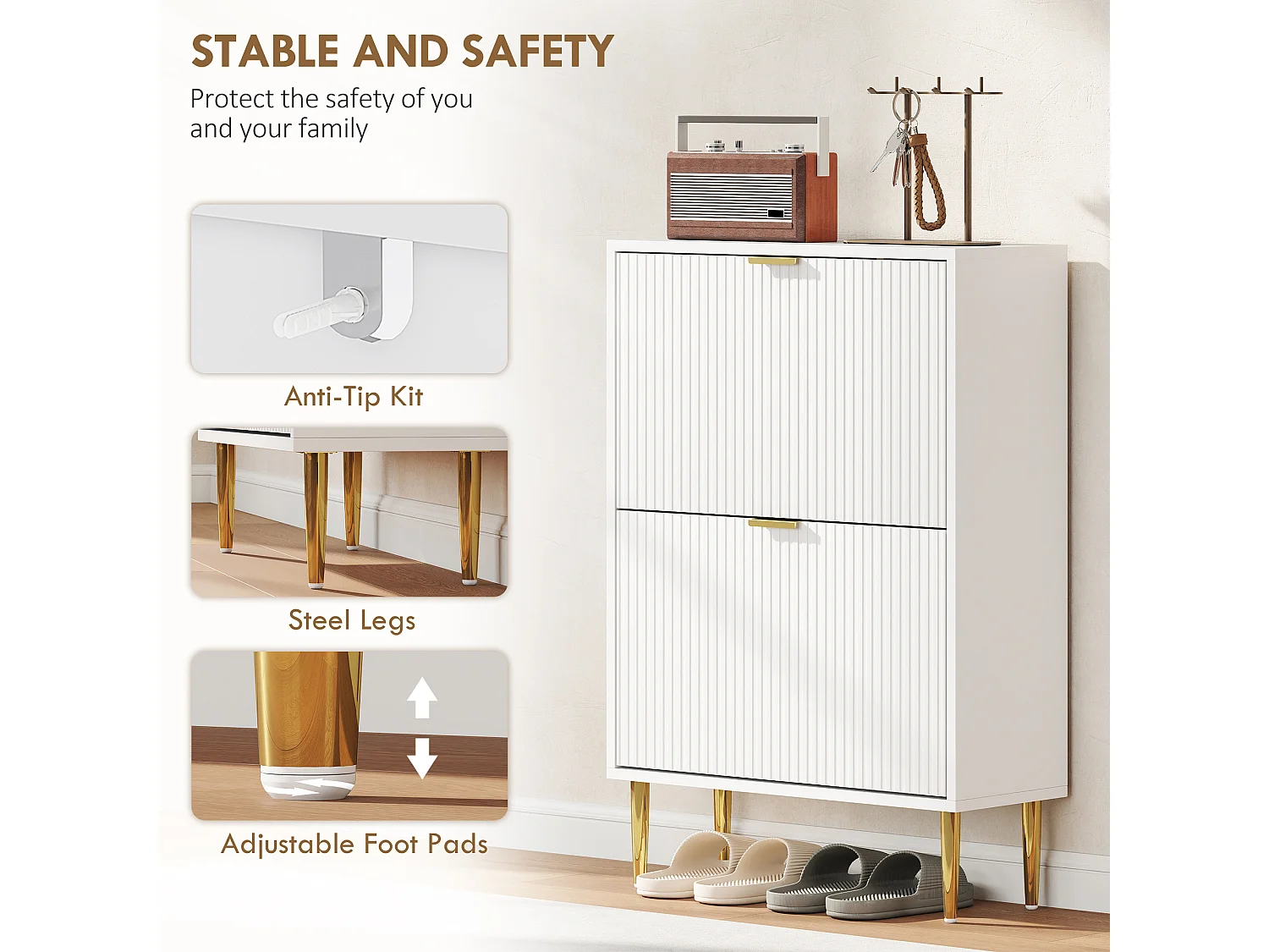 HOMCOM Slim Shoe Storage Cabinet with 2 Flip Drawers for Hallway, White