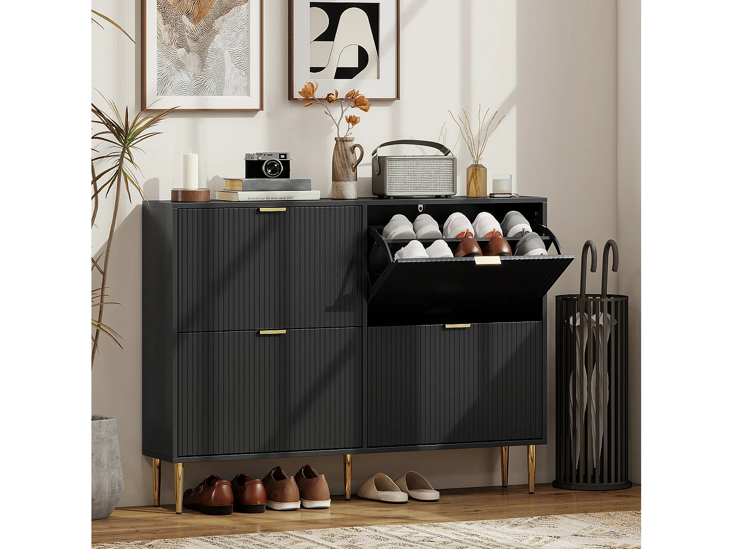 HOMCOM Slim Shoe Storage Cabinet with 4 Flip Drawers for Hallway, Black