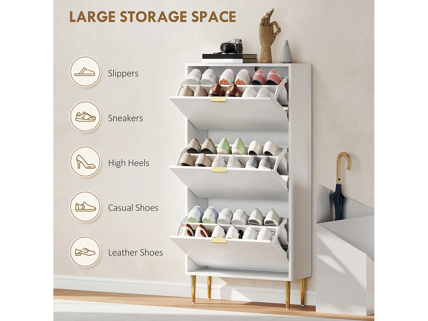 HOMCOM Slim Shoe Storage Cabinet with 3 Flip Drawers for Hallway, White