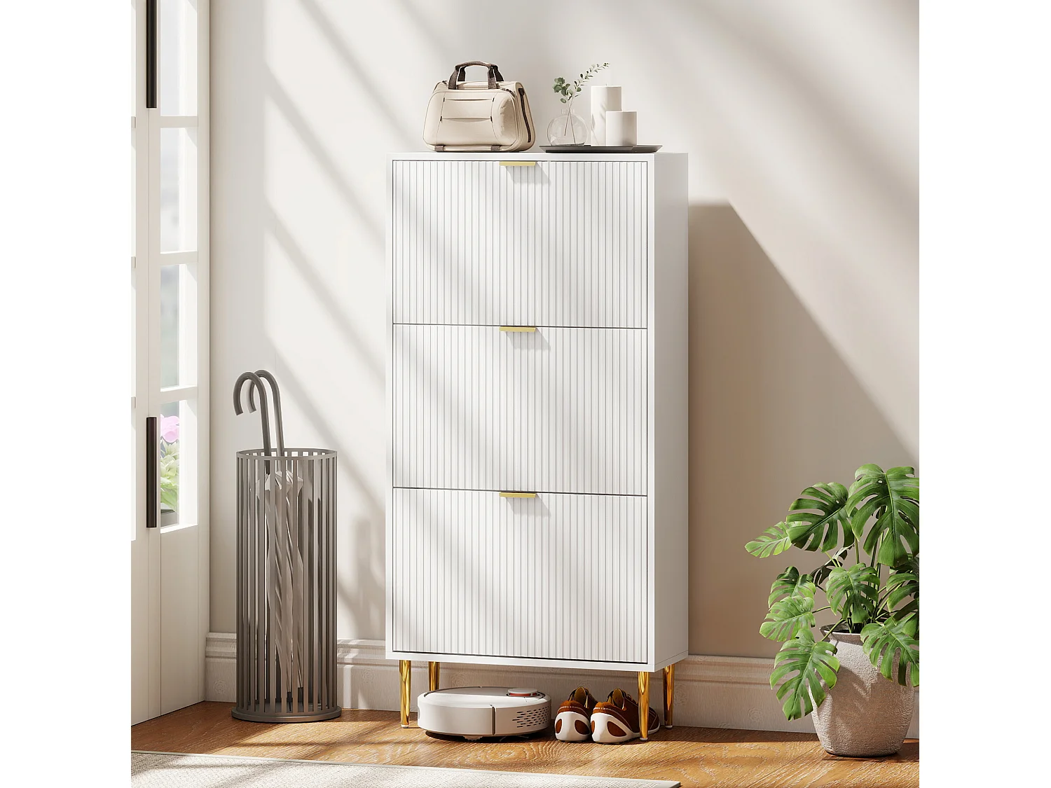 HOMCOM Slim Shoe Storage Cabinet with 3 Flip Drawers for Hallway, White