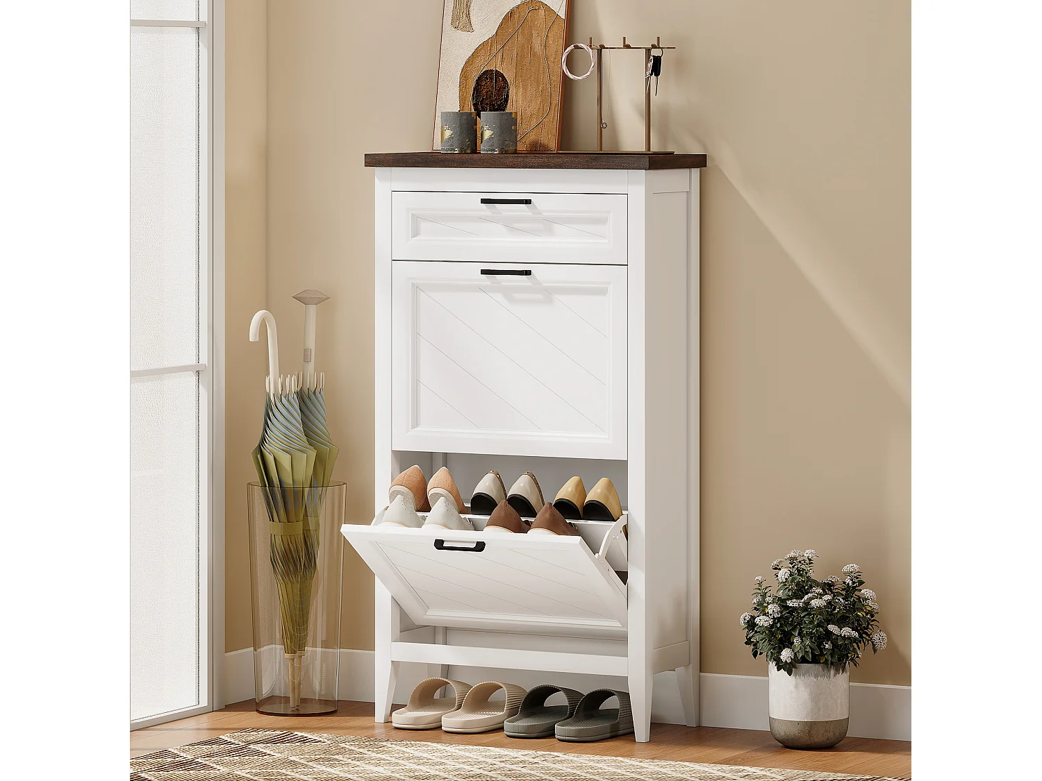 HOMCOM Shoe Cabinet with 2 Flip Drawers, Narrow Shoe Storage Cabinet, White