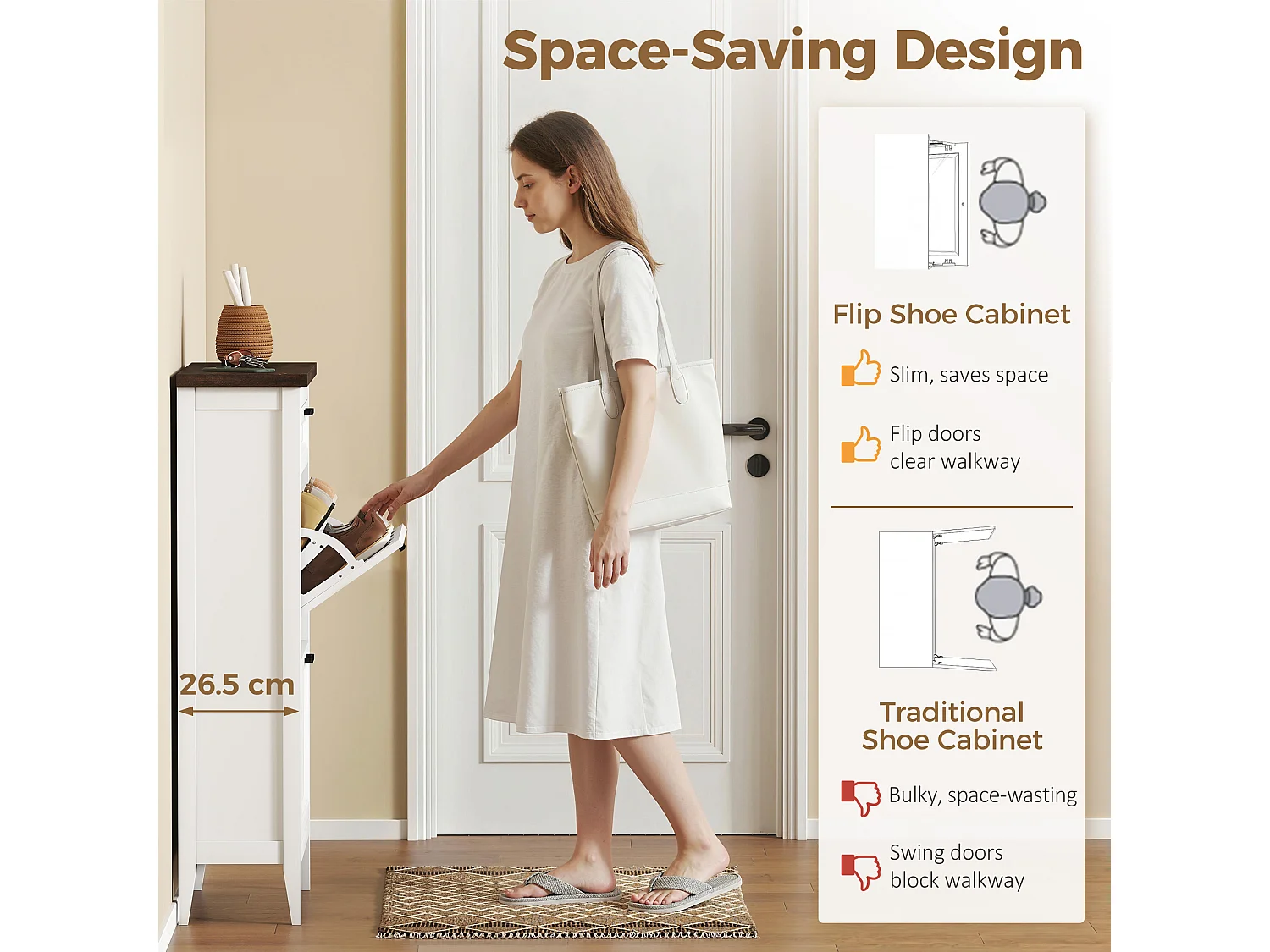 HOMCOM Shoe Cabinet with 2 Flip Drawers, Narrow Shoe Storage Cabinet, White
