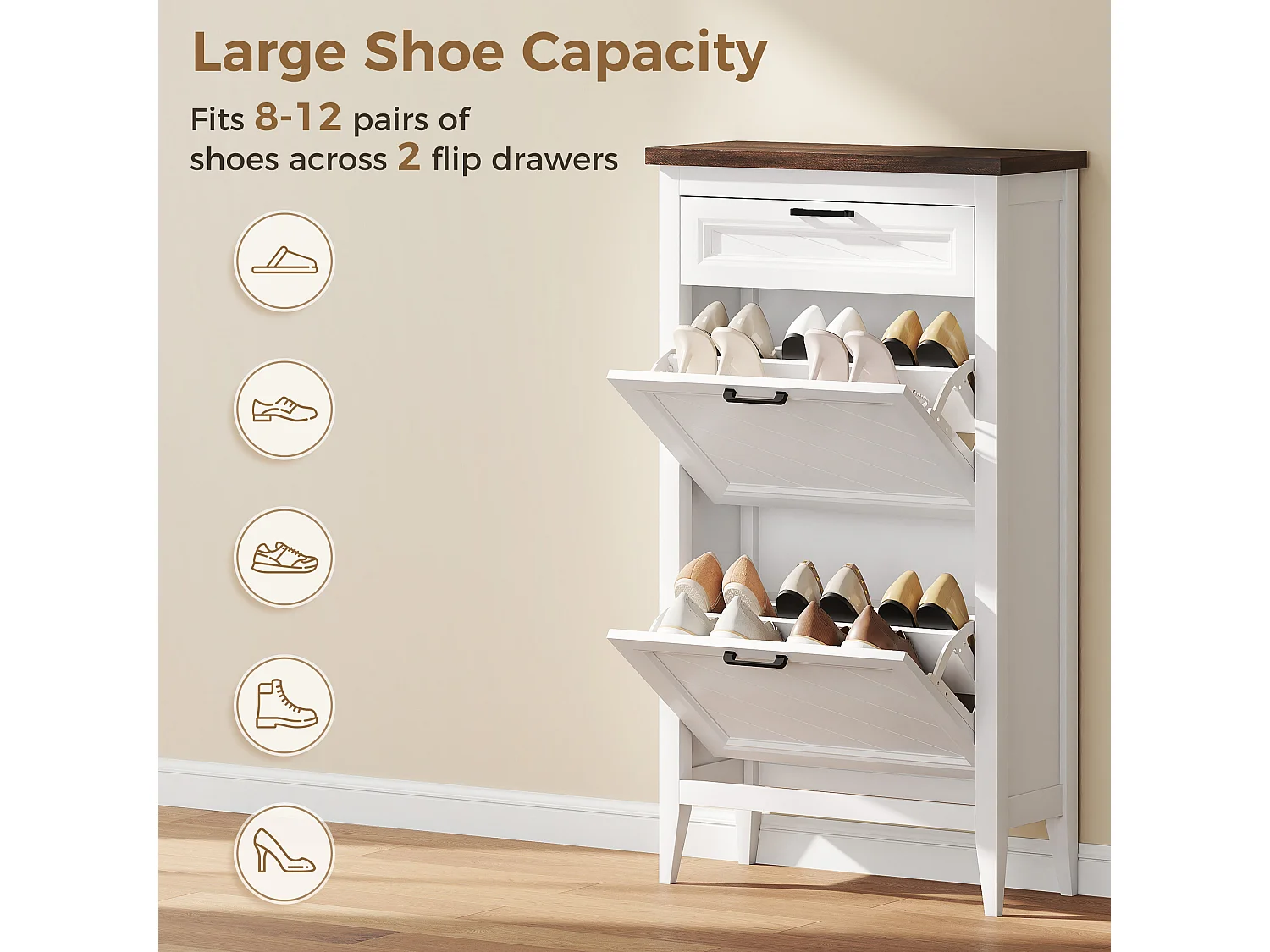 HOMCOM Shoe Cabinet with 2 Flip Drawers, Narrow Shoe Storage Cabinet, White