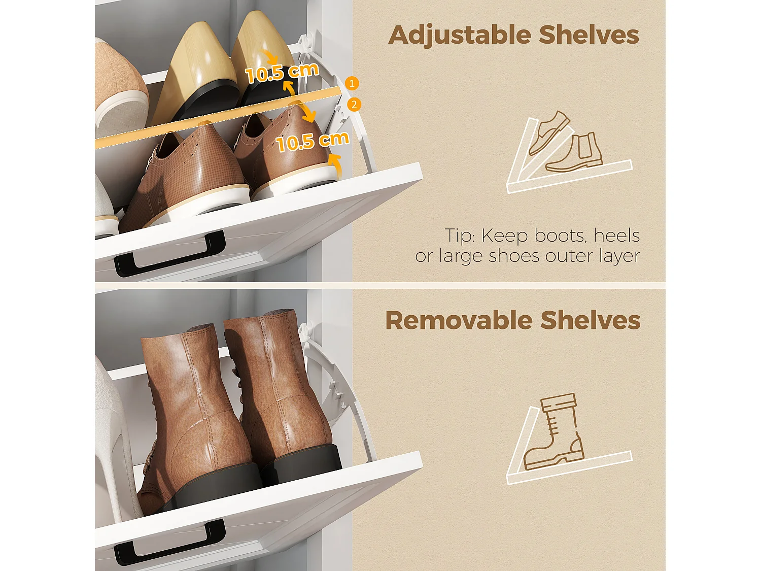 HOMCOM Shoe Cabinet with 2 Flip Drawers, Narrow Shoe Storage Cabinet, White