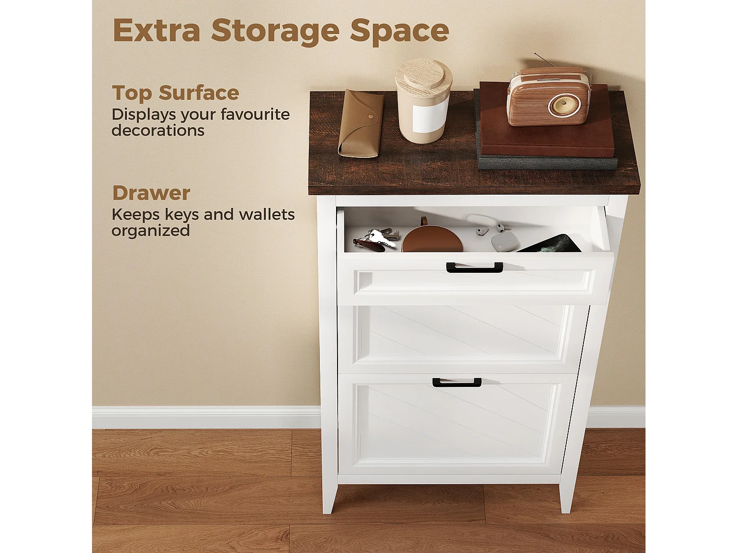 HOMCOM Shoe Cabinet with 2 Flip Drawers, Narrow Shoe Storage Cabinet, White