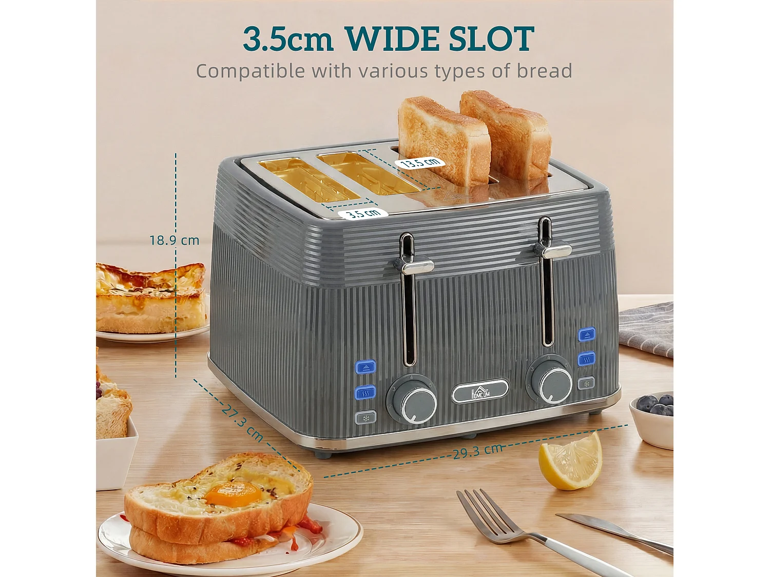 HOMCOM 4 Slice Electric Toaster with 7 Browning Levels, 1860W, Grey