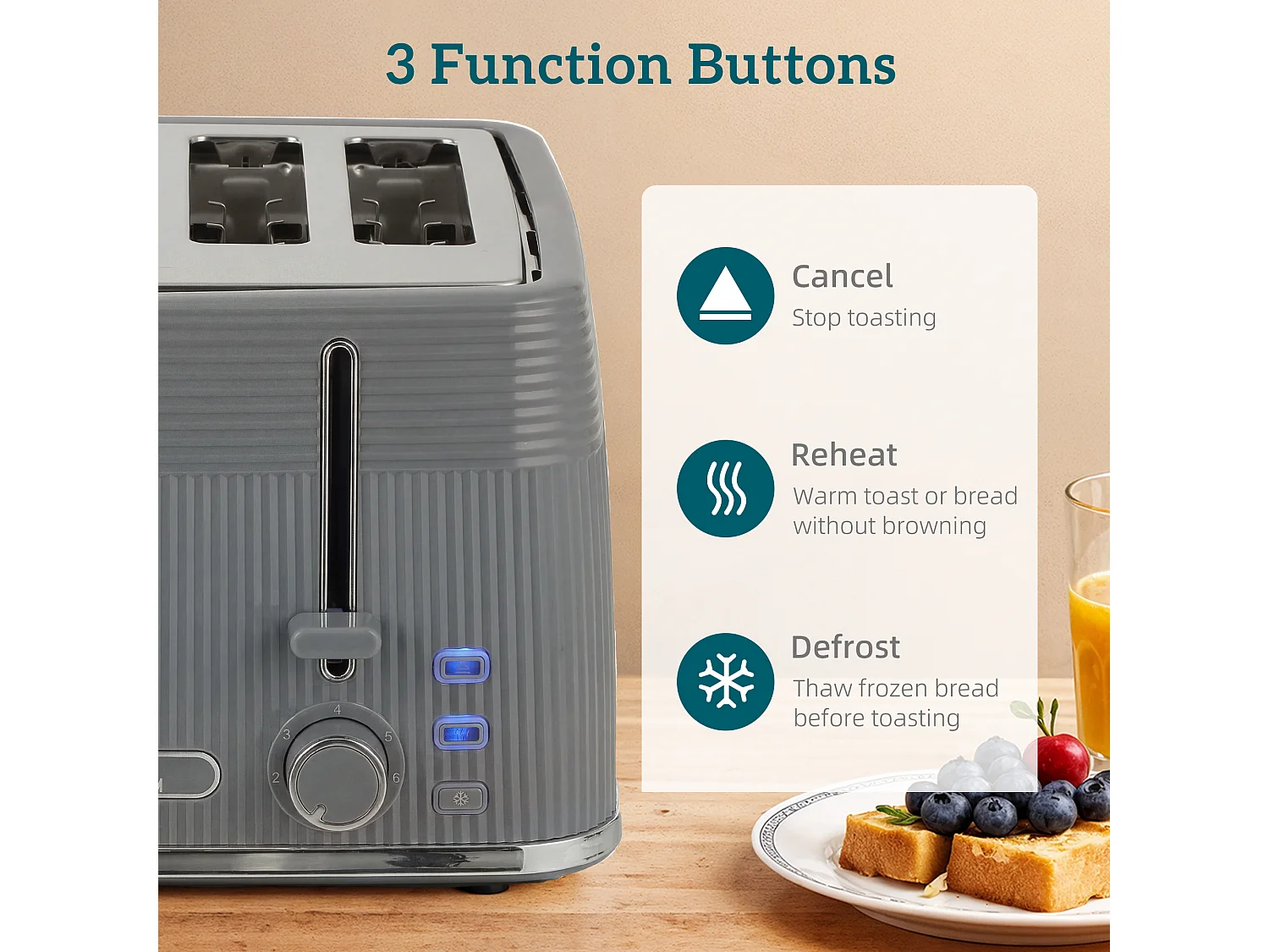 HOMCOM 4 Slice Electric Toaster with 7 Browning Levels, 1860W, Grey