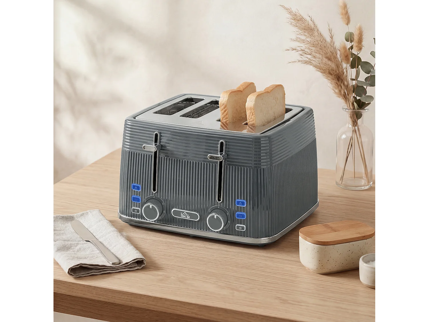 HOMCOM 4 Slice Electric Toaster with 7 Browning Levels, 1860W, Grey