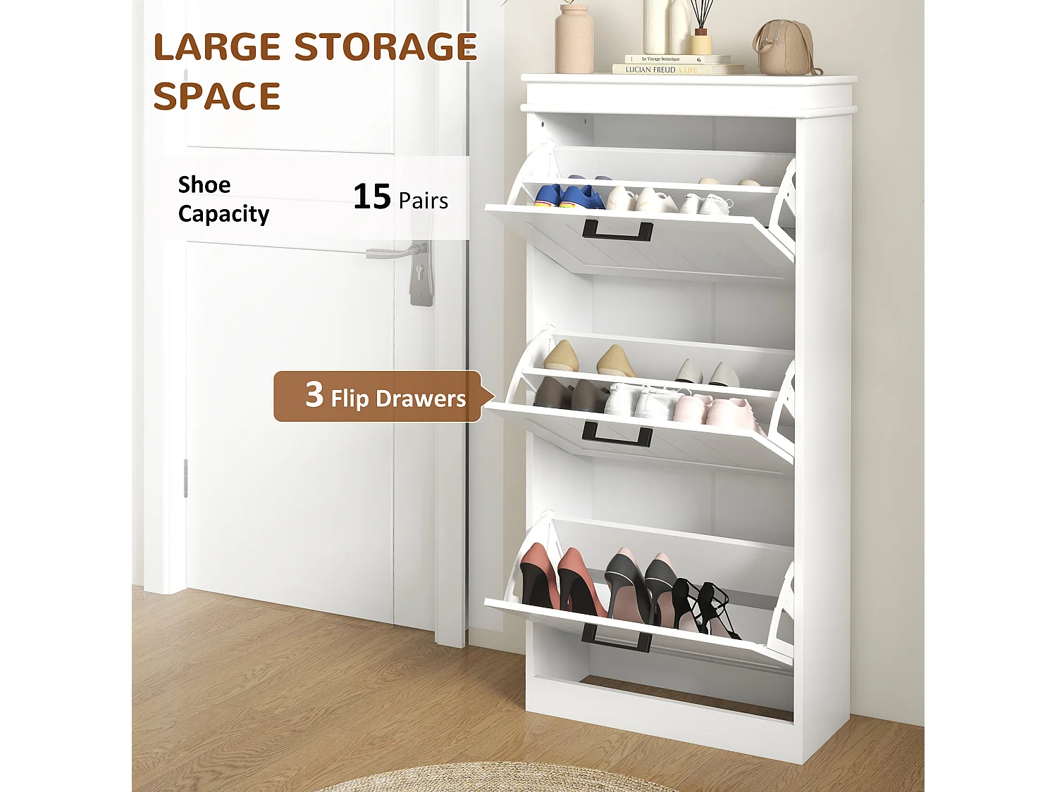 HOMCOM Slim Shoe Storage Cabinet with 3 Flip Drawers for Entryway, White