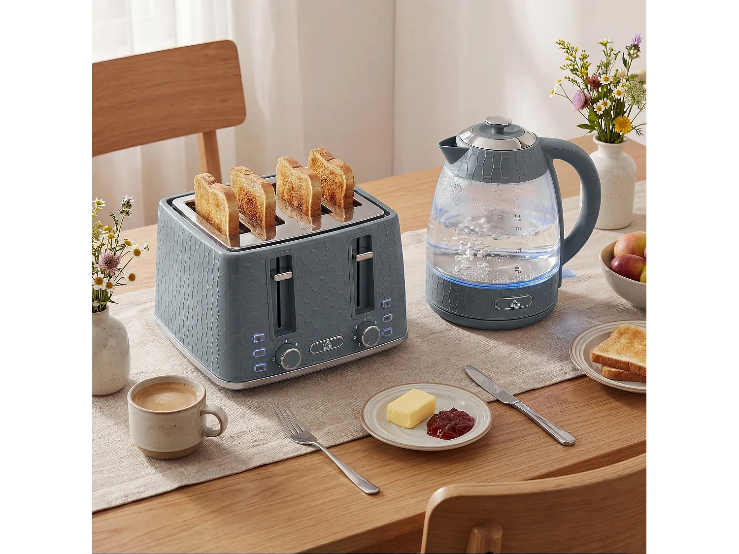 HOMCOM Kettle and Toaster Set with Strix Thermostat, Crumb Tray, Grey