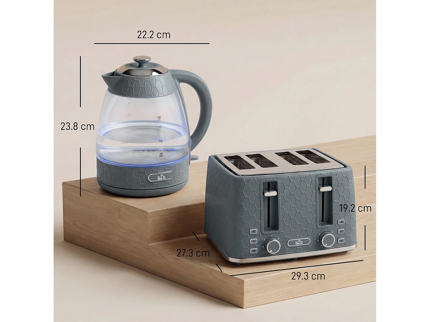 HOMCOM Kettle and Toaster Set with Strix Thermostat, Crumb Tray, Grey