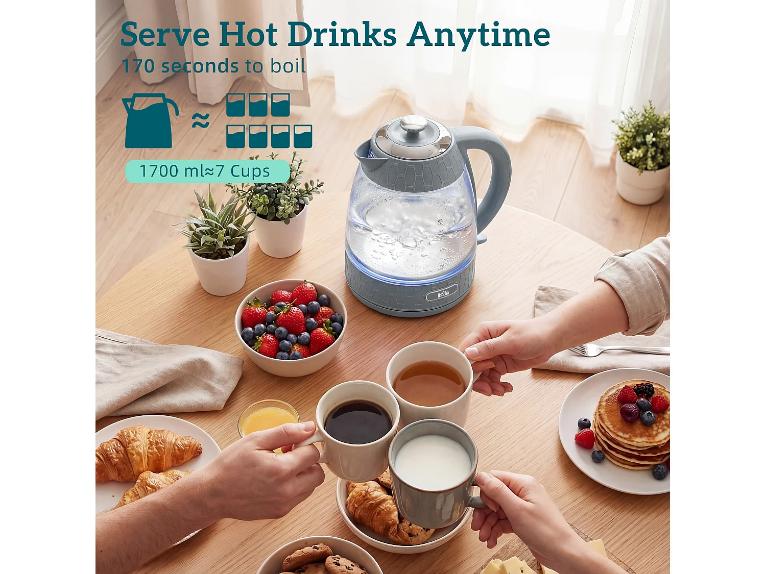 HOMCOM Kettle and Toaster Set with Strix Thermostat, Crumb Tray, Grey