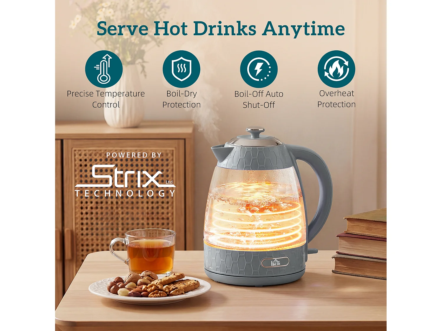 HOMCOM Kettle and Toaster Set with Strix Thermostat, Crumb Tray, Grey