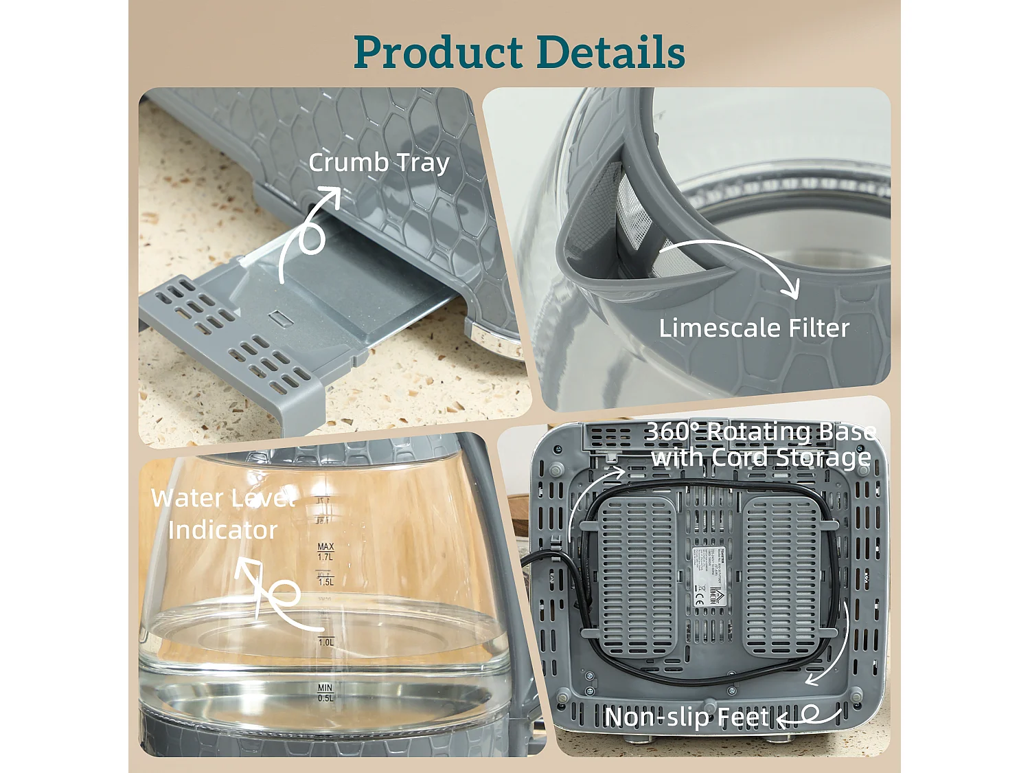 HOMCOM Kettle and Toaster Set with Strix Thermostat, Crumb Tray, Grey
