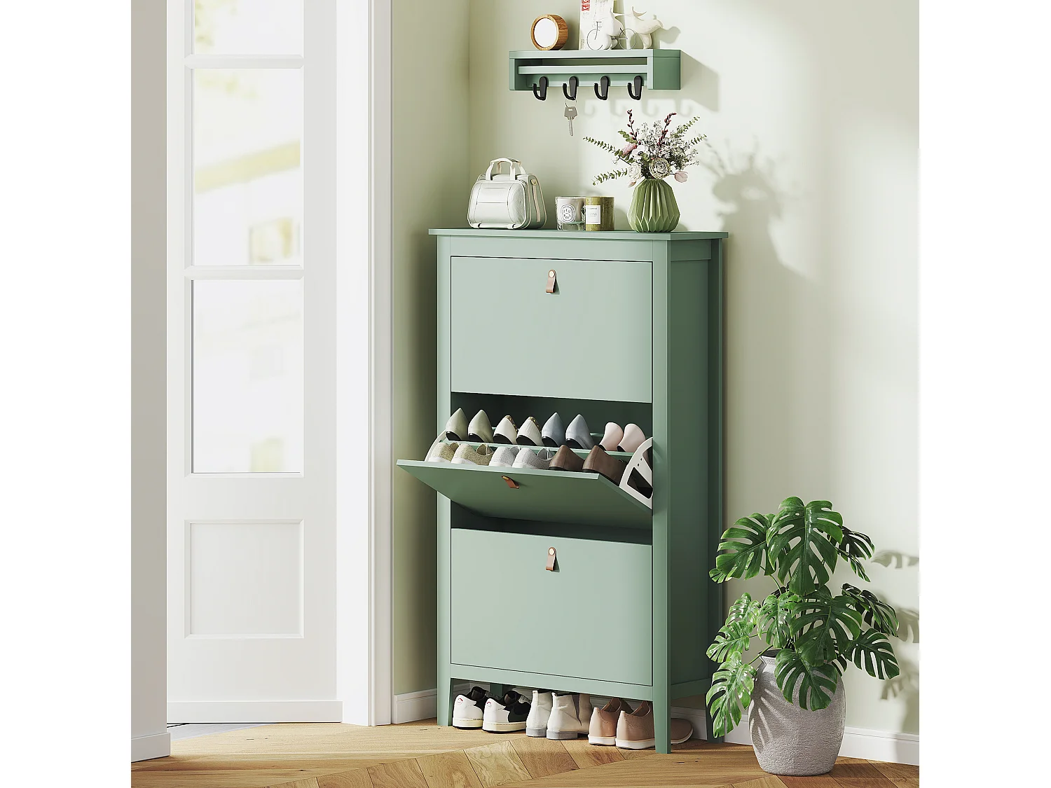 HOMCOM 3 Drawer Shoe Cabinet with Flip Doors for Hallway, Entryway, Green