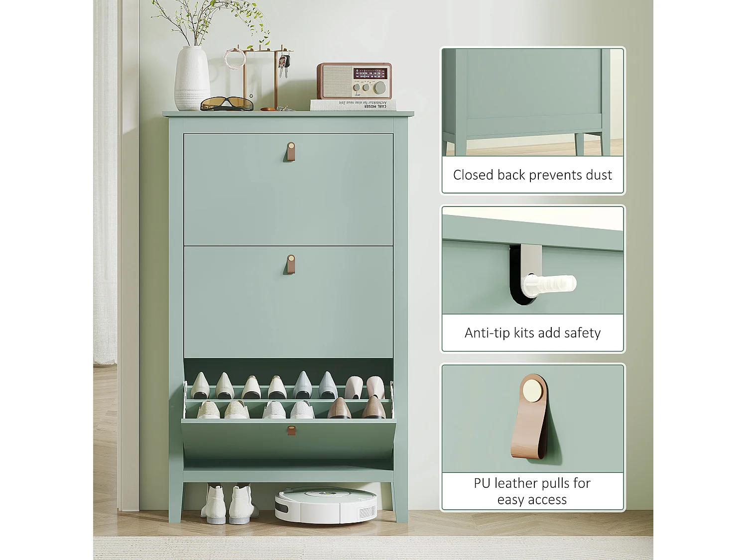 HOMCOM 3 Drawer Shoe Cabinet with Flip Doors for Hallway, Entryway, Green
