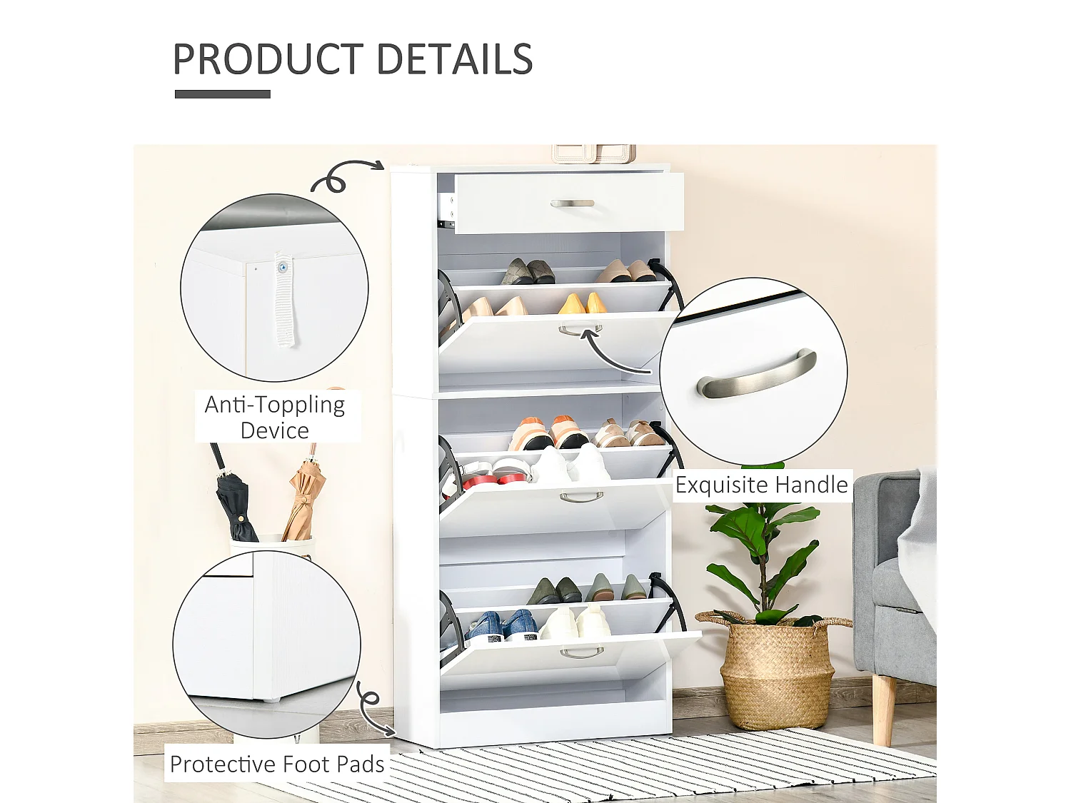 HOMCOM High Gloss Shoe Cabinet w/ 4 Drawers Shoe Storage Organizer for 18 Pairs