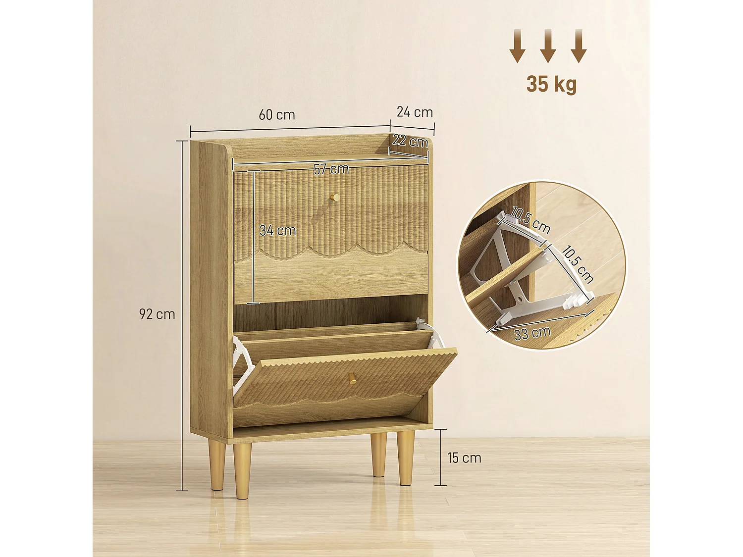 HOMCOM Narrow Shoe Cabinet, Shoe Storage Cabinet with 2 Flip Drawers, Oak