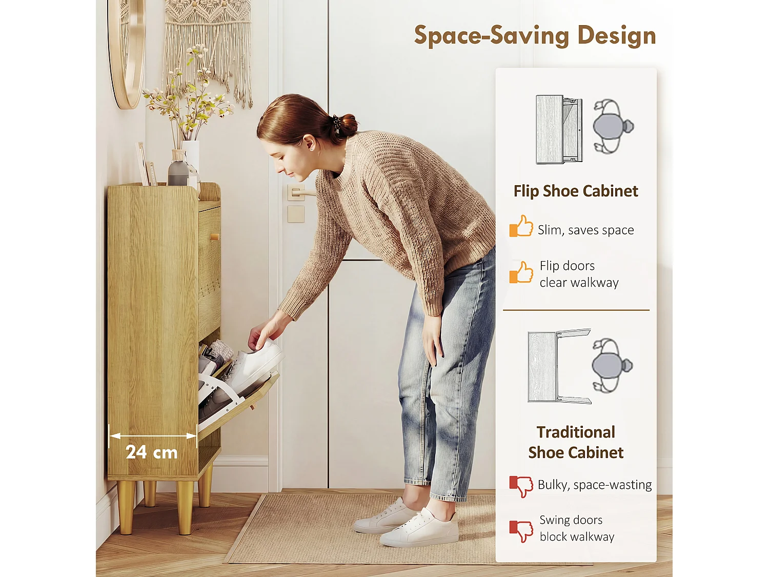 HOMCOM Narrow Shoe Cabinet, Shoe Storage Cabinet with 2 Flip Drawers, Oak