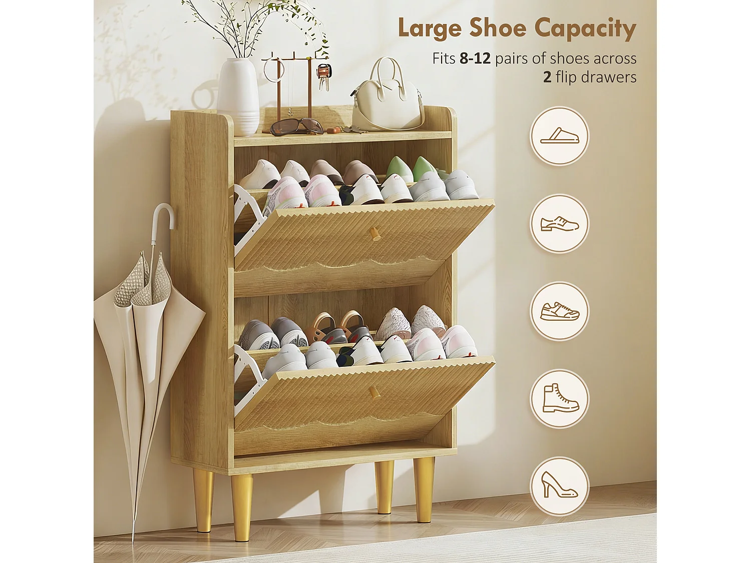 HOMCOM Narrow Shoe Cabinet, Shoe Storage Cabinet with 2 Flip Drawers, Oak