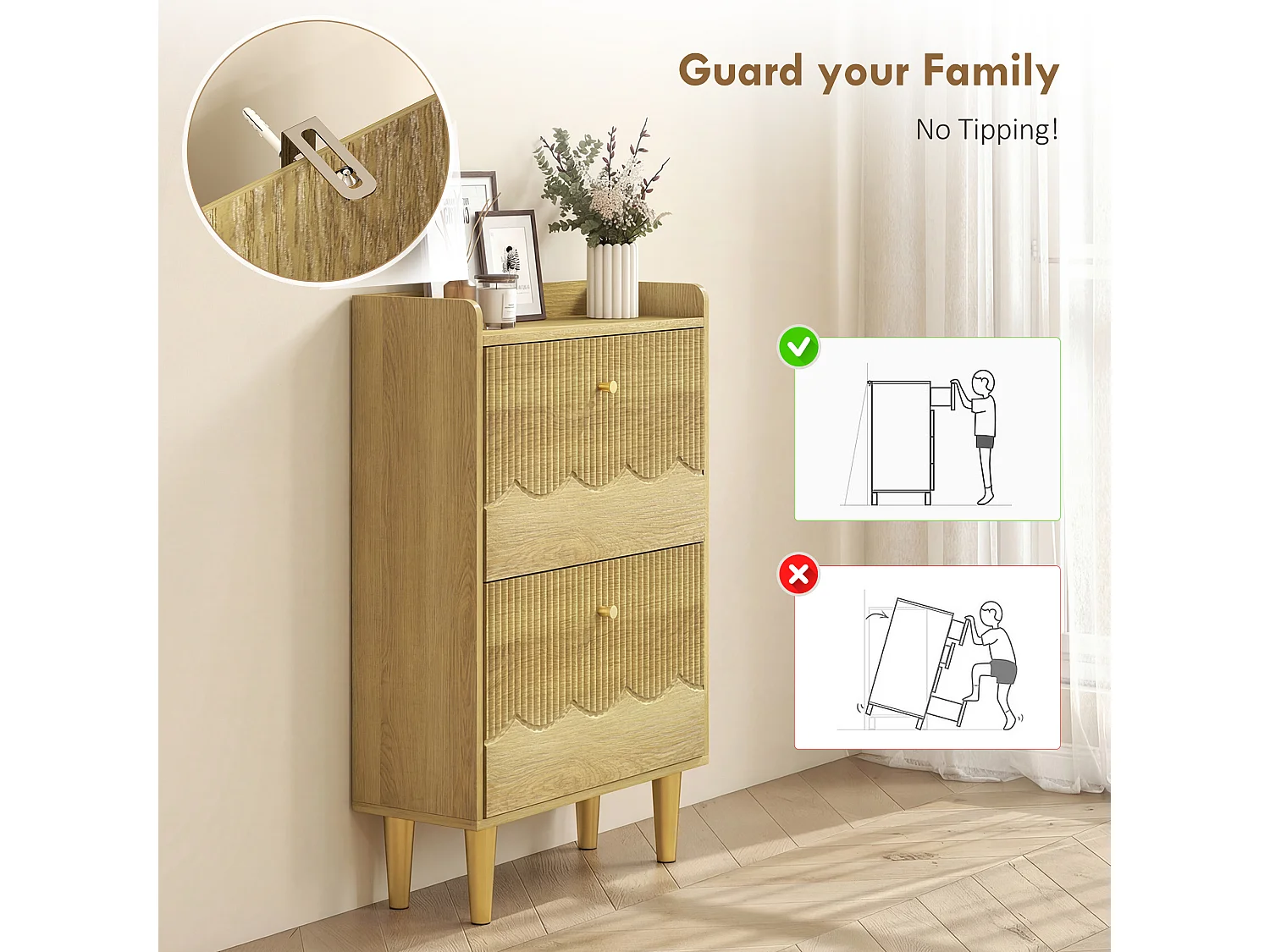 HOMCOM Narrow Shoe Cabinet, Shoe Storage Cabinet with 2 Flip Drawers, Oak