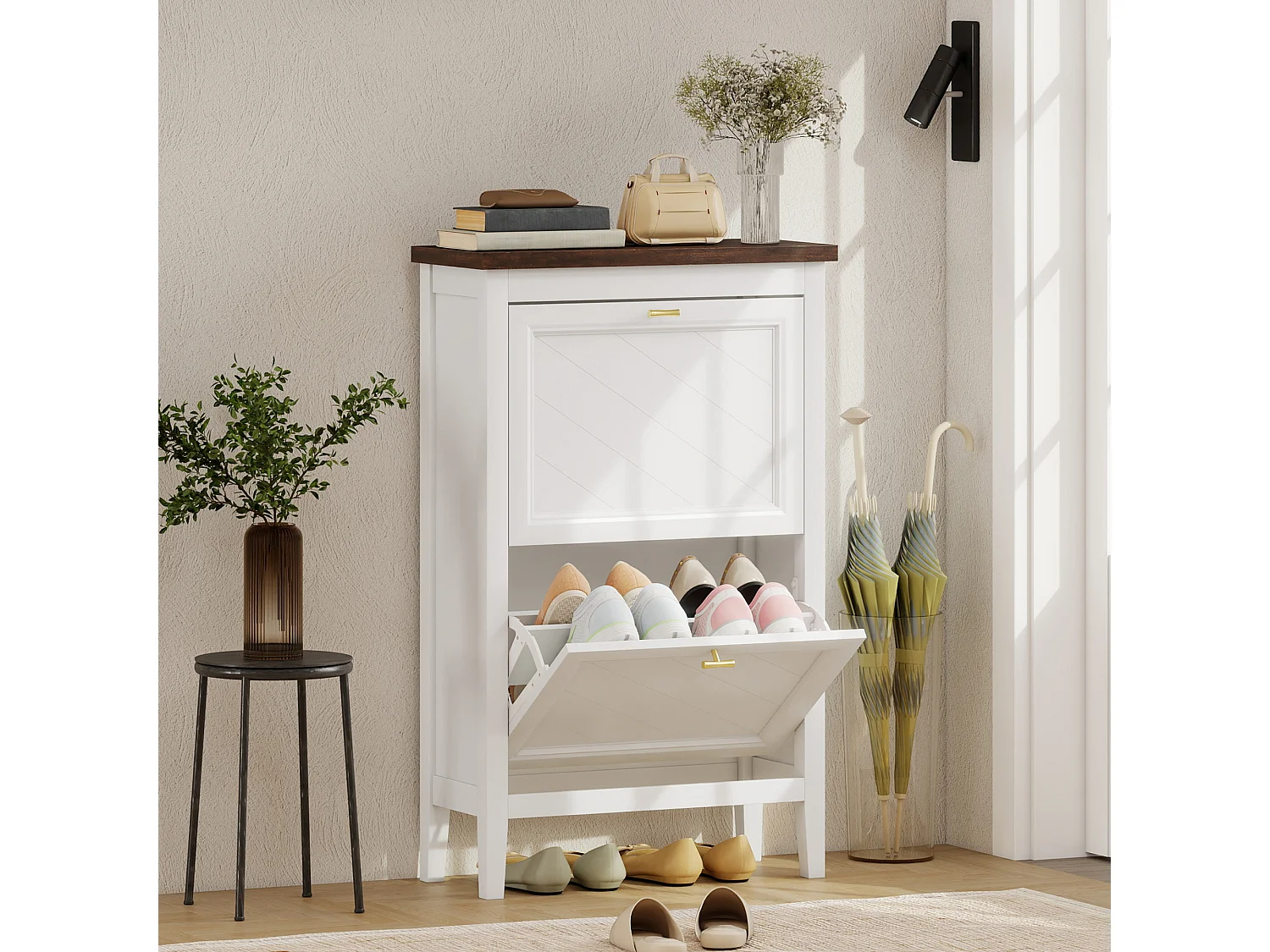 HOMCOM Shoe Cabinet with 2 Flip Drawers, Narrow Shoe Storage Cabinet, White
