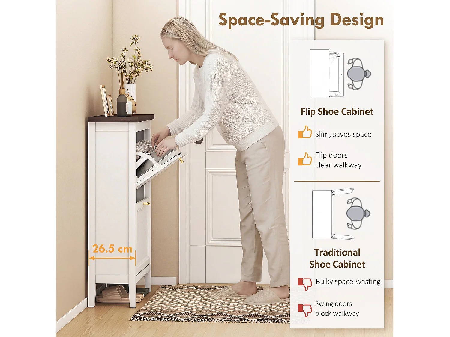 HOMCOM Shoe Cabinet with 2 Flip Drawers, Narrow Shoe Storage Cabinet, White