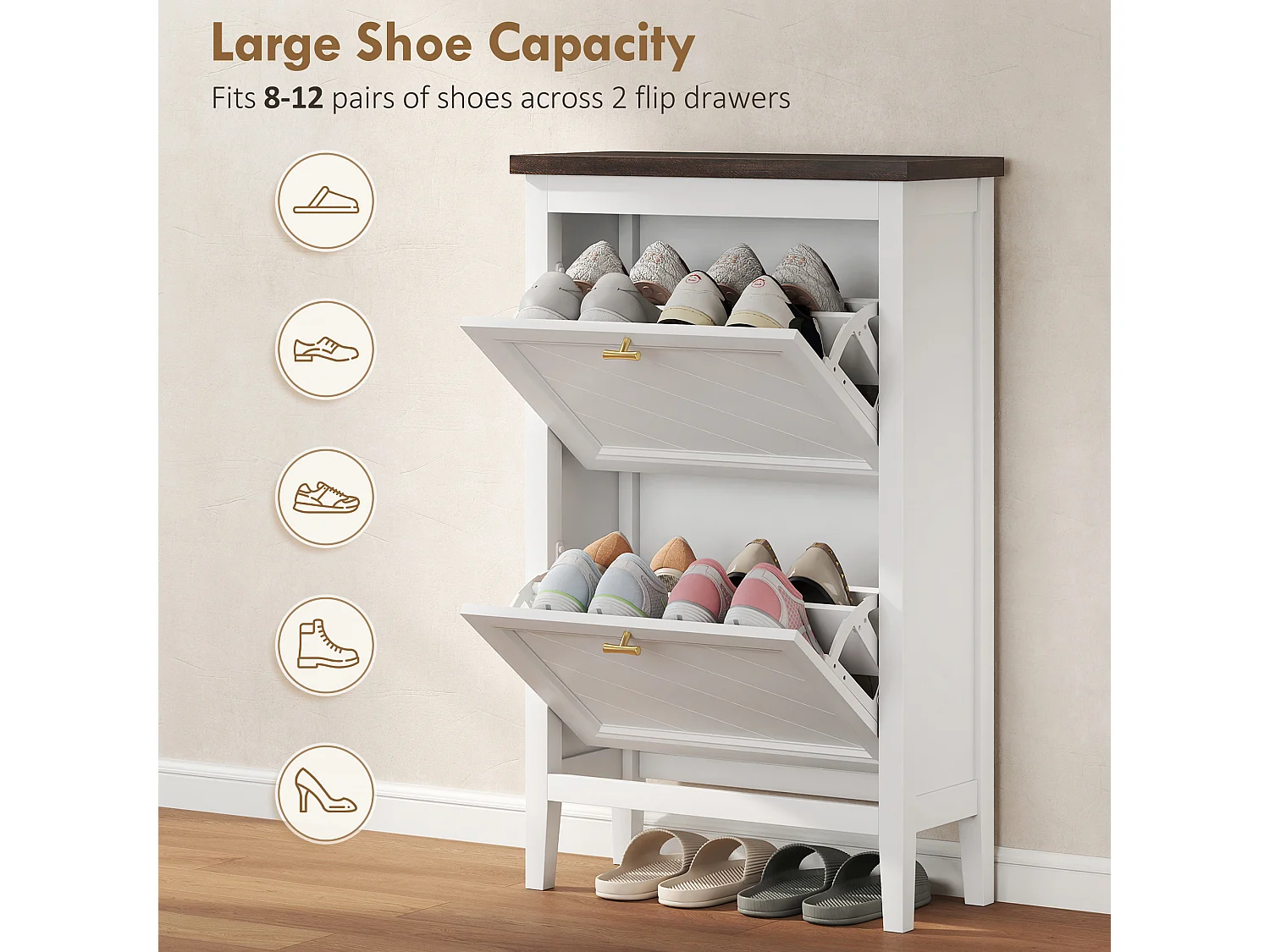 HOMCOM Shoe Cabinet with 2 Flip Drawers, Narrow Shoe Storage Cabinet, White