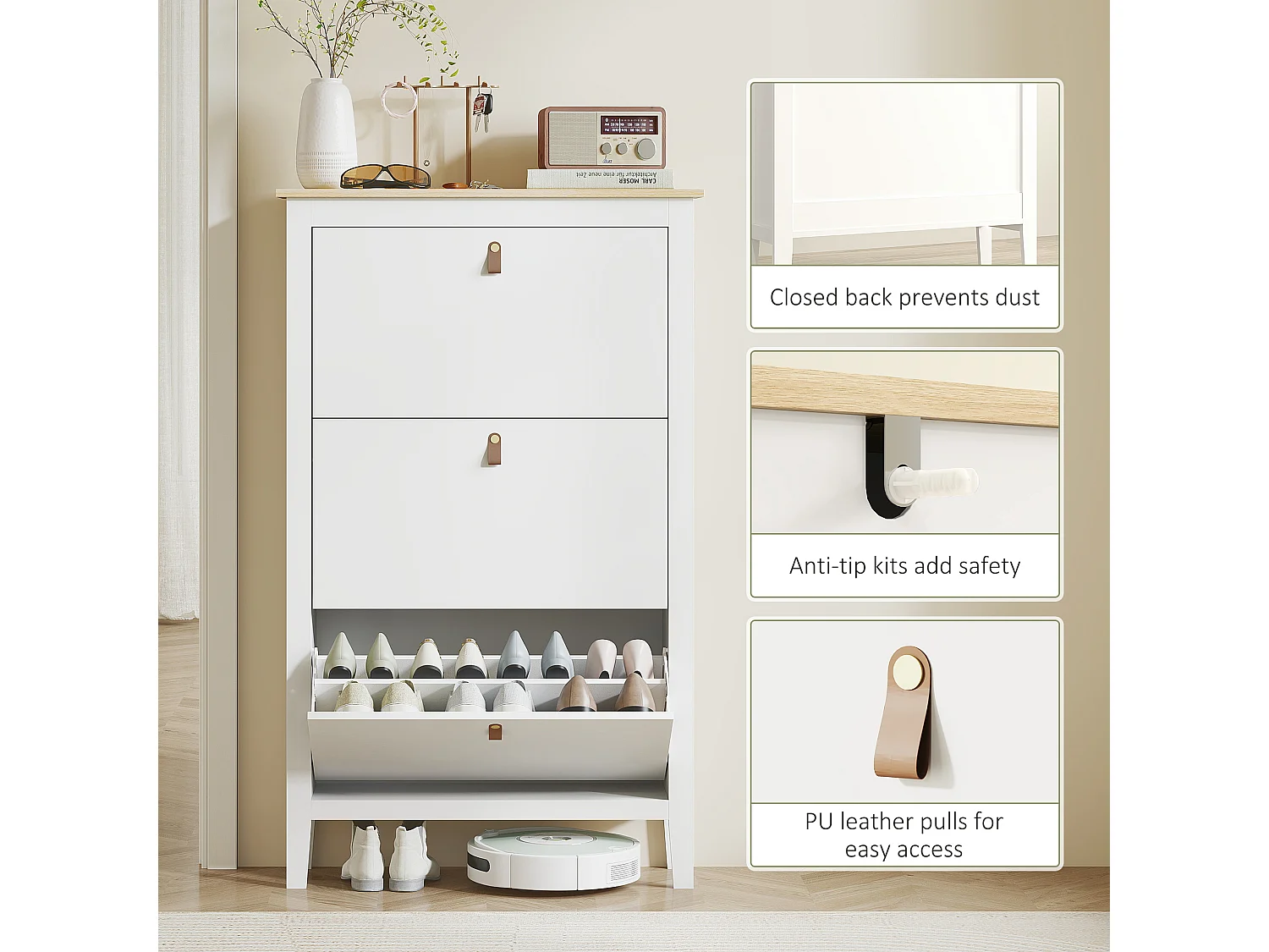 HOMCOM 3 Drawer Shoe Cabinet with Flip Doors for Hallway, Entryway, White