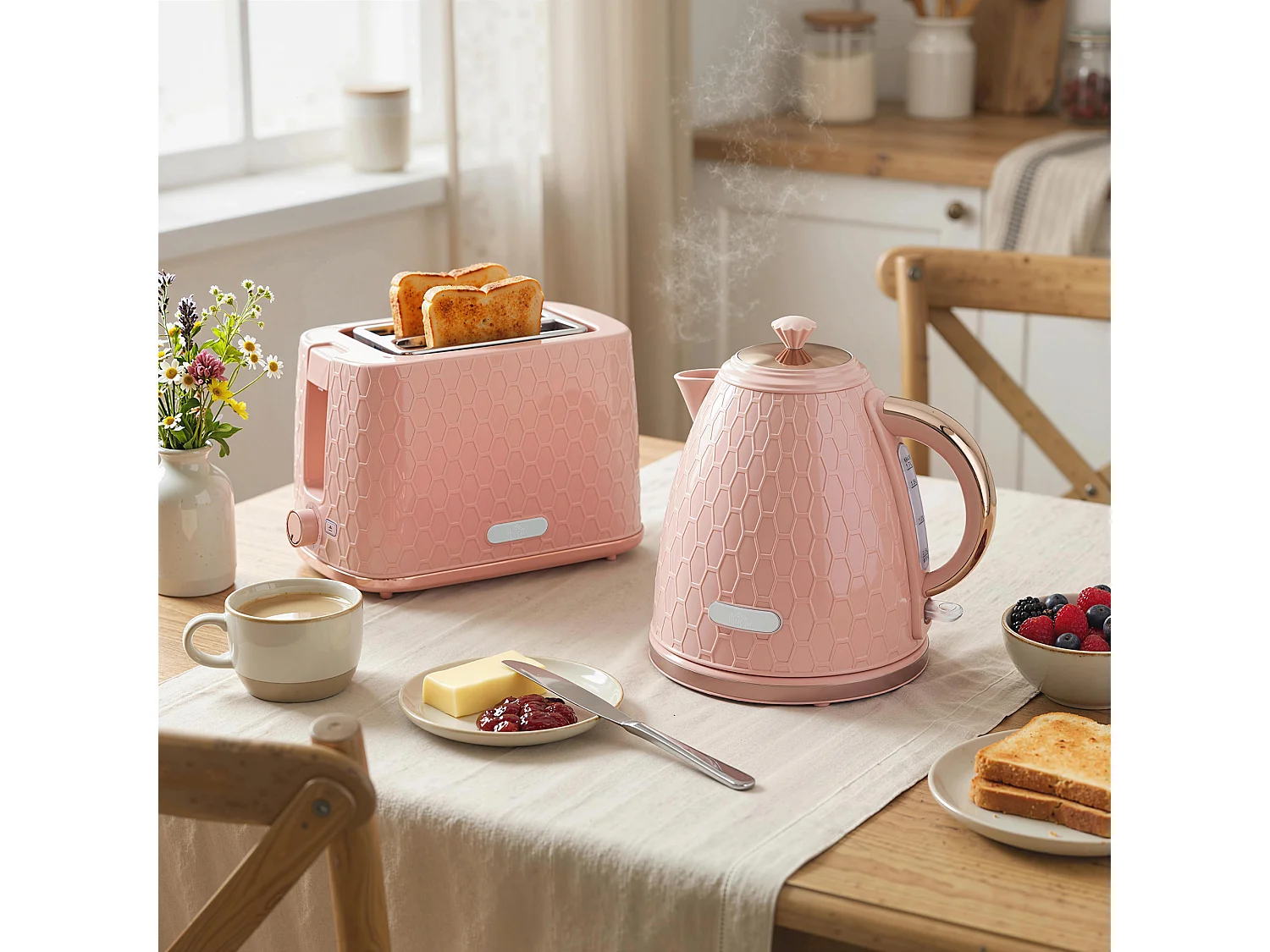 HOMCOM Kettle and Toaster Set 1.7L Kettle & 2 Slice Toaster Set, Light Pink
