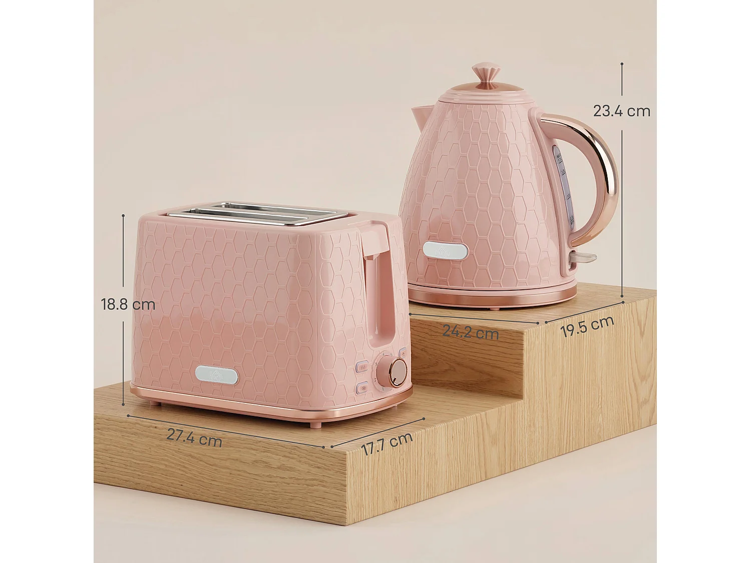 HOMCOM Kettle and Toaster Set 1.7L Kettle & 2 Slice Toaster Set, Light Pink